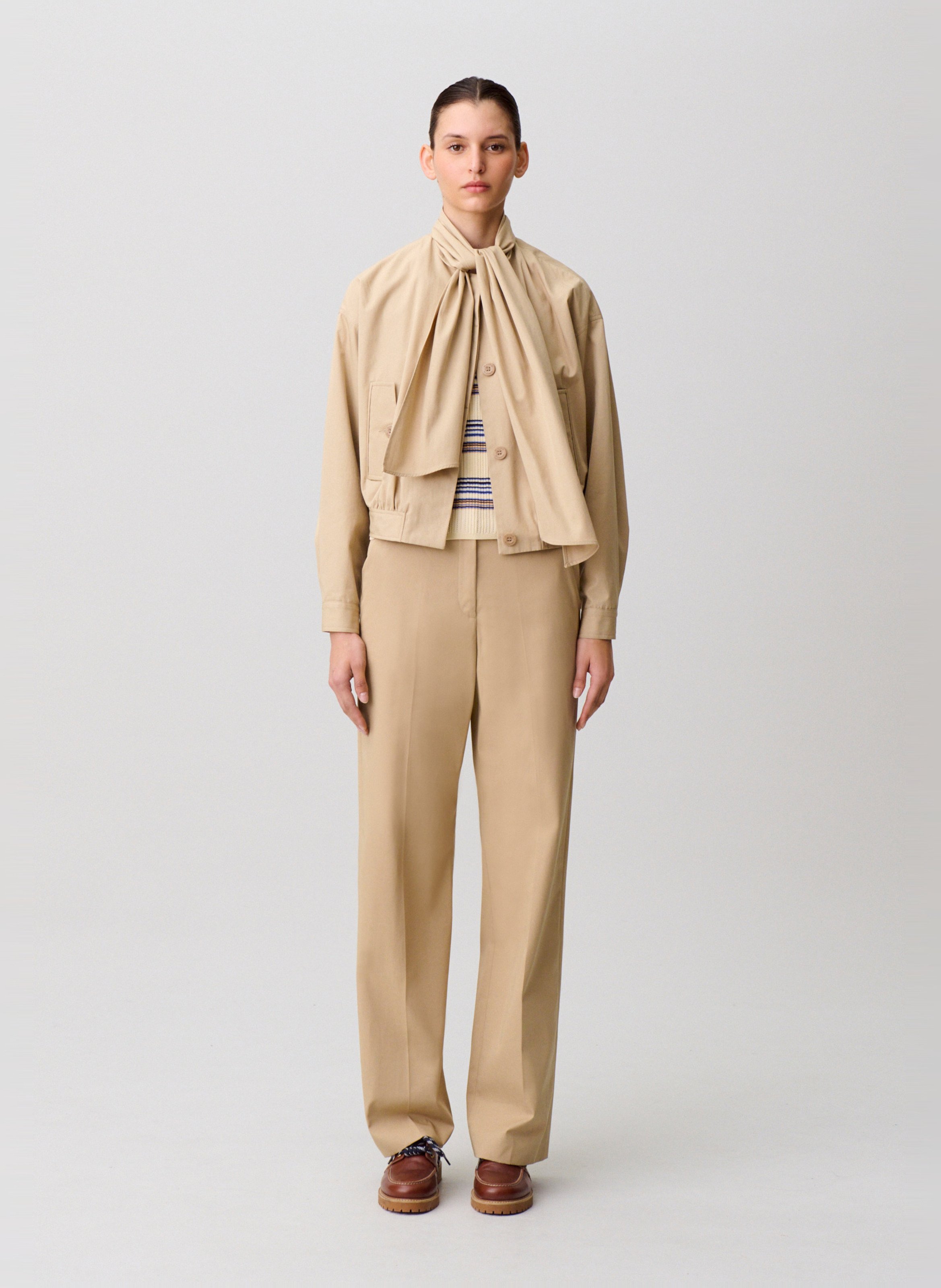 Veste col à nouer uni en coton CLAUDIE PIERLOT Beige