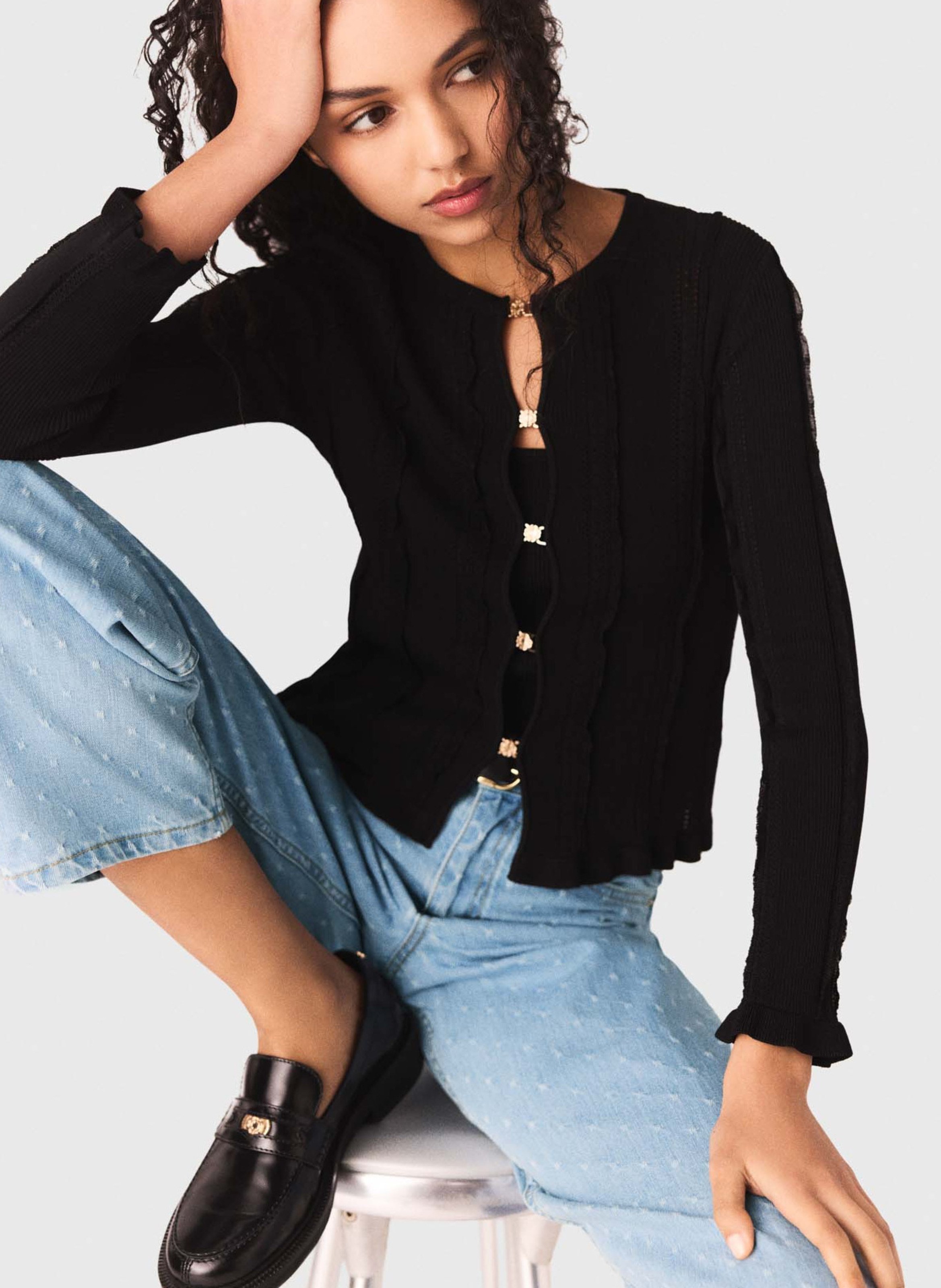 Cardigan droit col rond en maille ajourée MAJE Noir