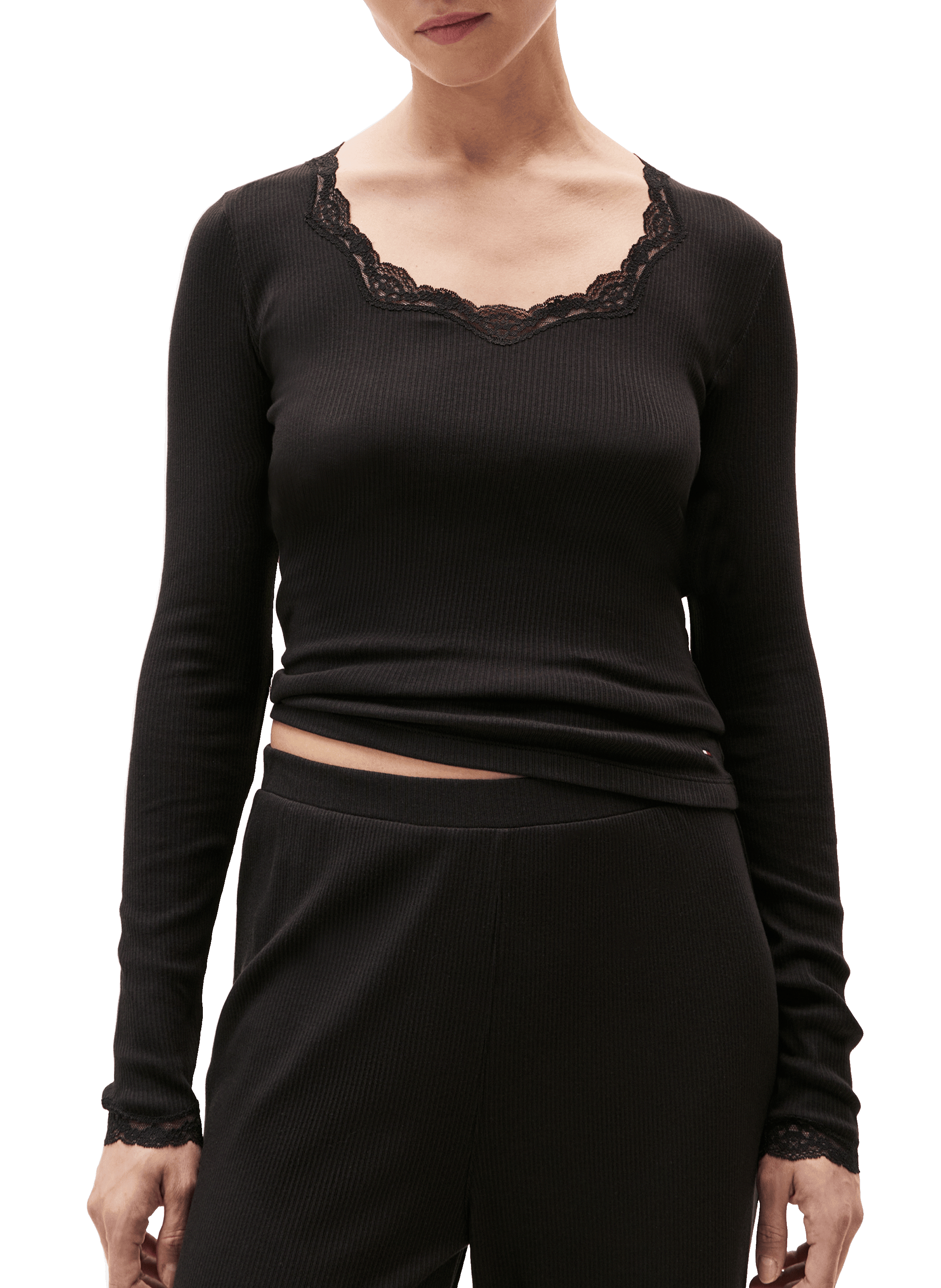 TOMMY HILFIGER Fitted top with lace neckline Black
