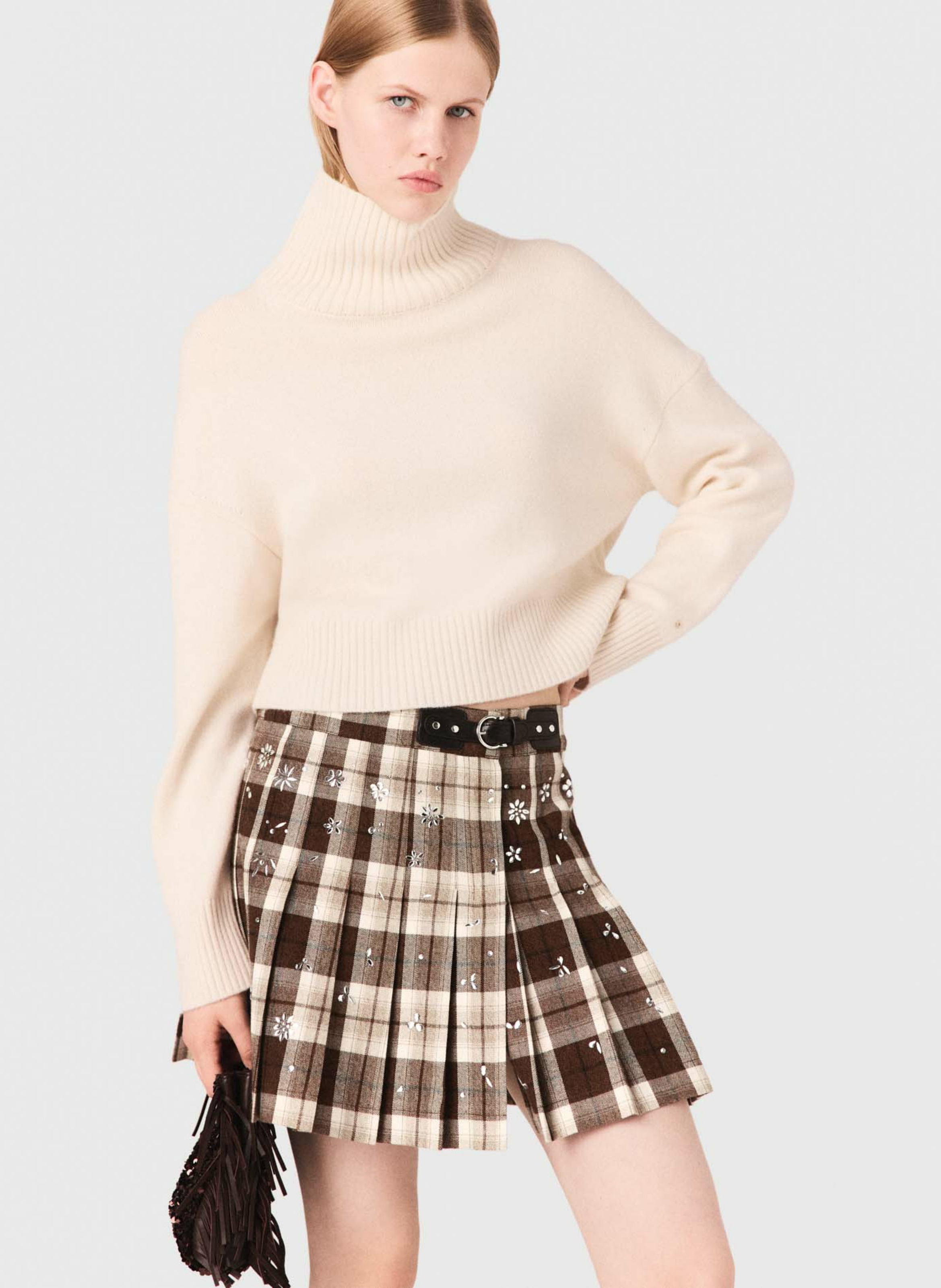 Jupe courte plissée en coton mélangé MAJE Marron