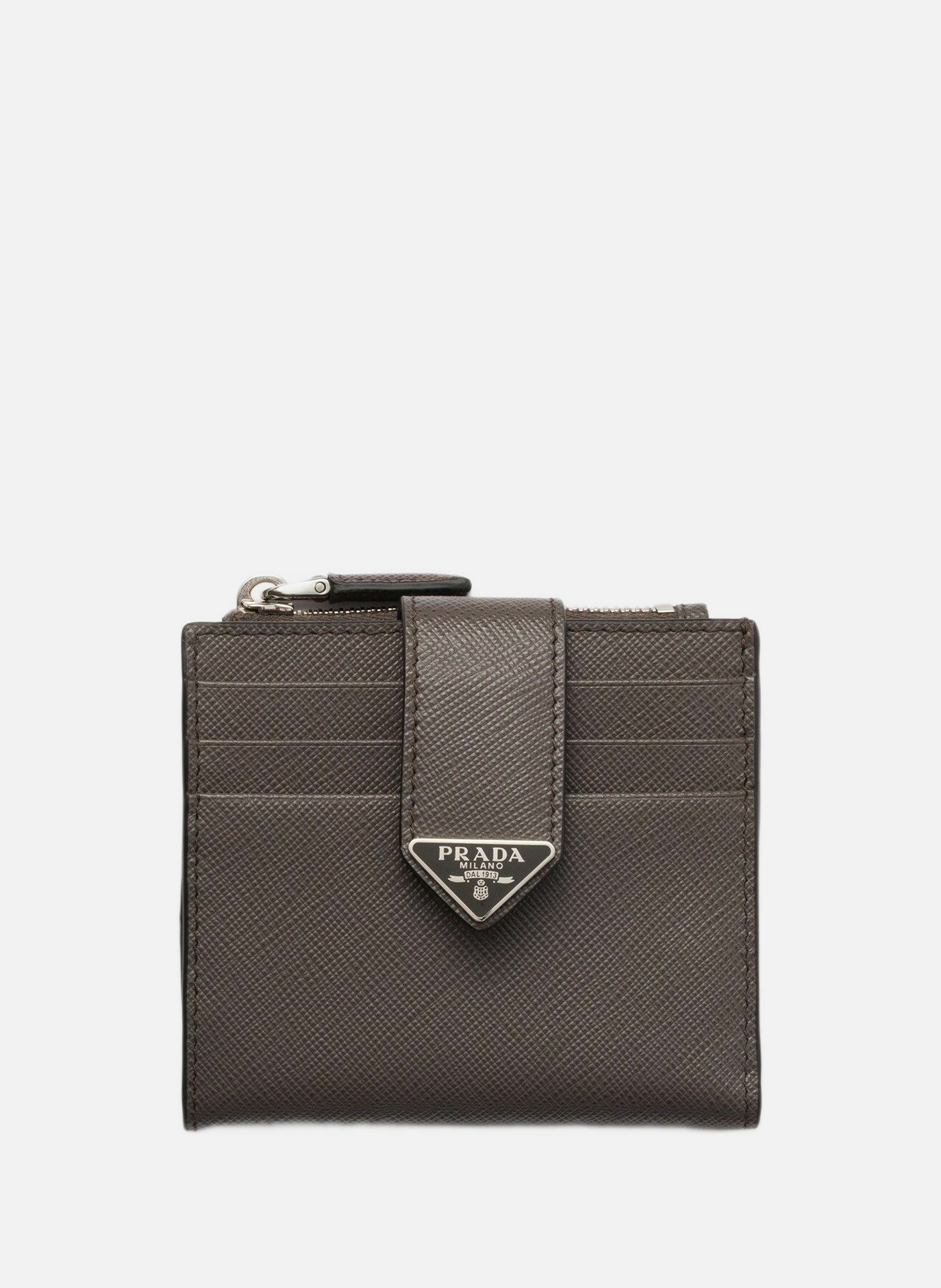 PRADA Porte-cartes en cuir et cuir saffiano Gris