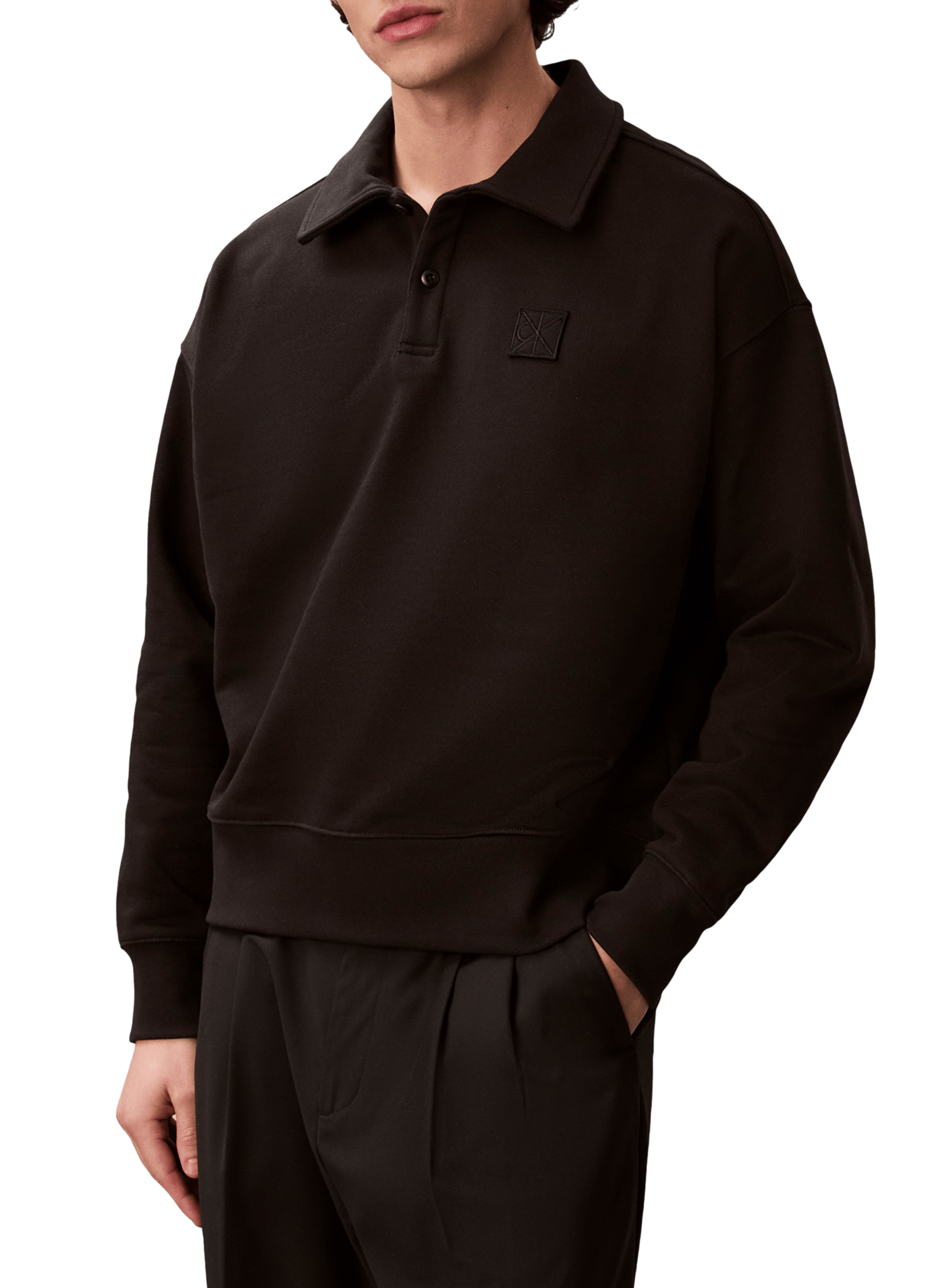 Sweat col polo manches longues en coton CALVIN KLEIN Noir