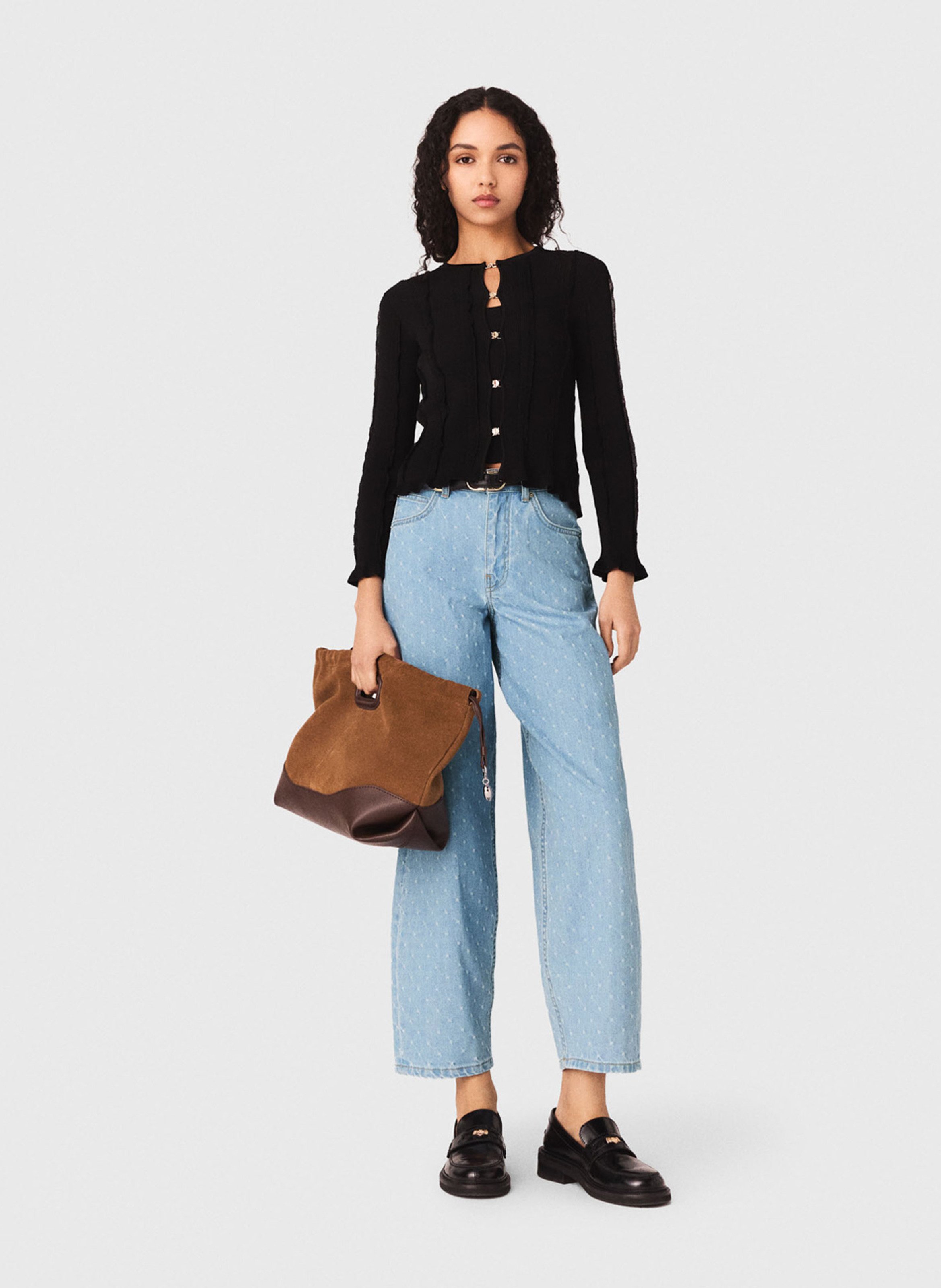 Cardigan droit col rond en maille ajourée MAJE Noir