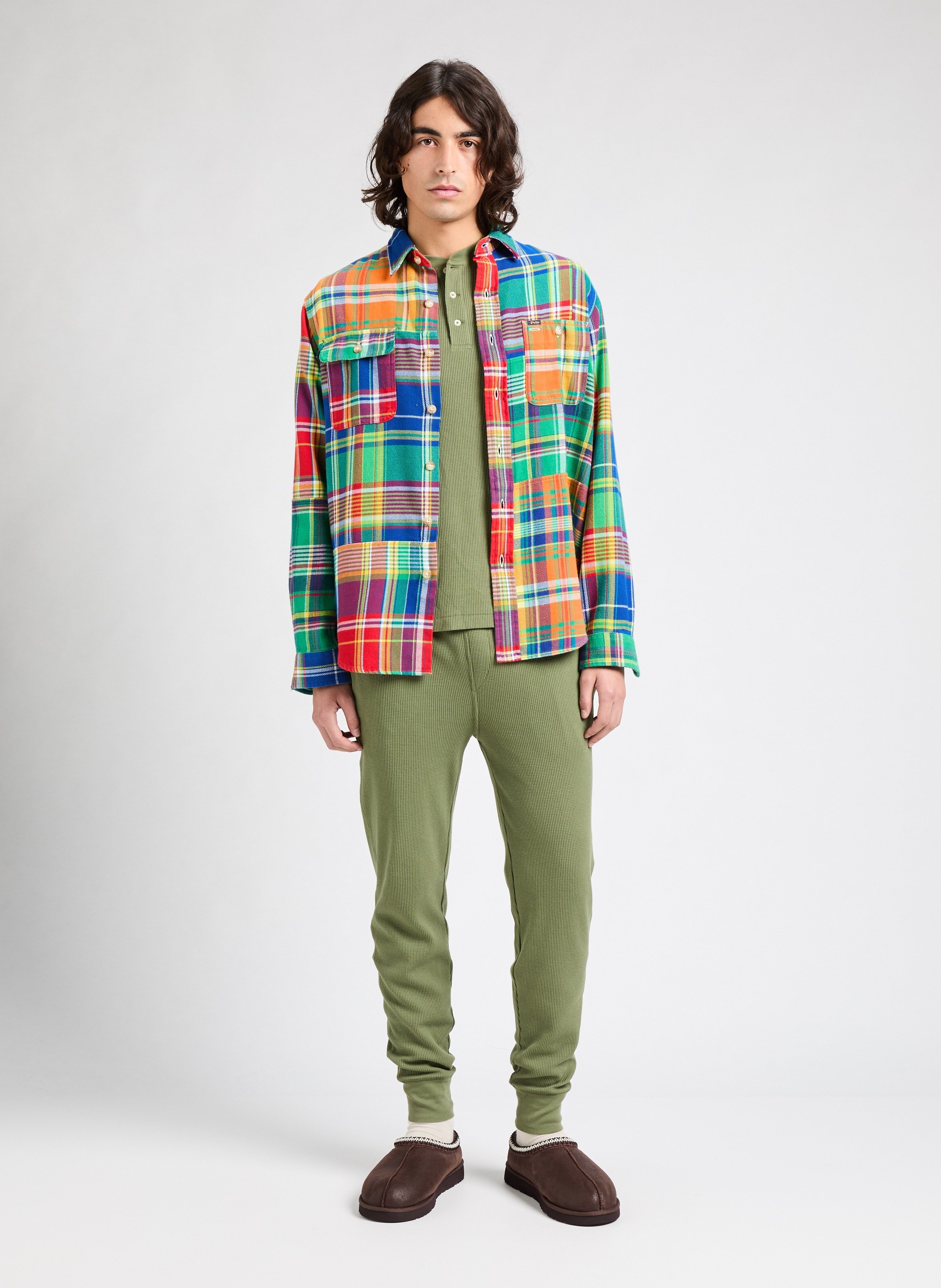 T-shirt de nuit gaufré à col tunisien POLO RALPH LAUREN Kaki