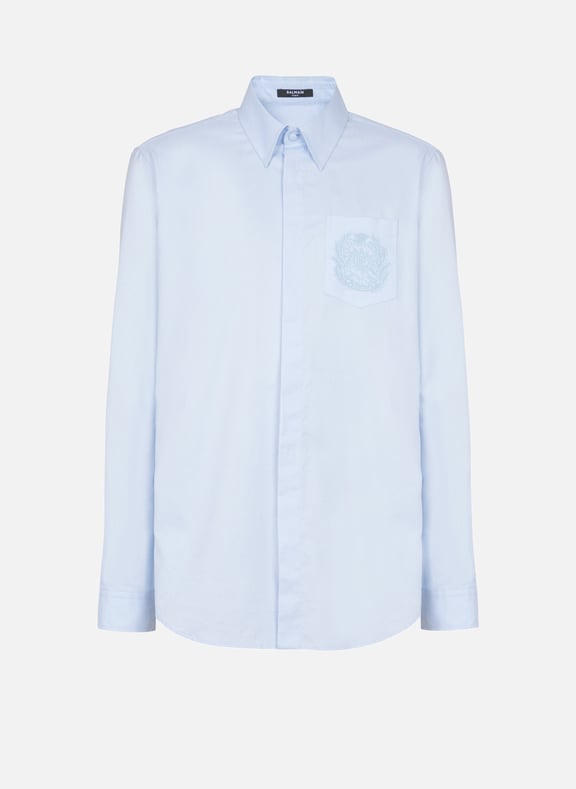 Chemise en coton brodée balmain écusson Bleu by BALMAIN BALMAIN Chemise en coton brodée balmain écusson Bleu