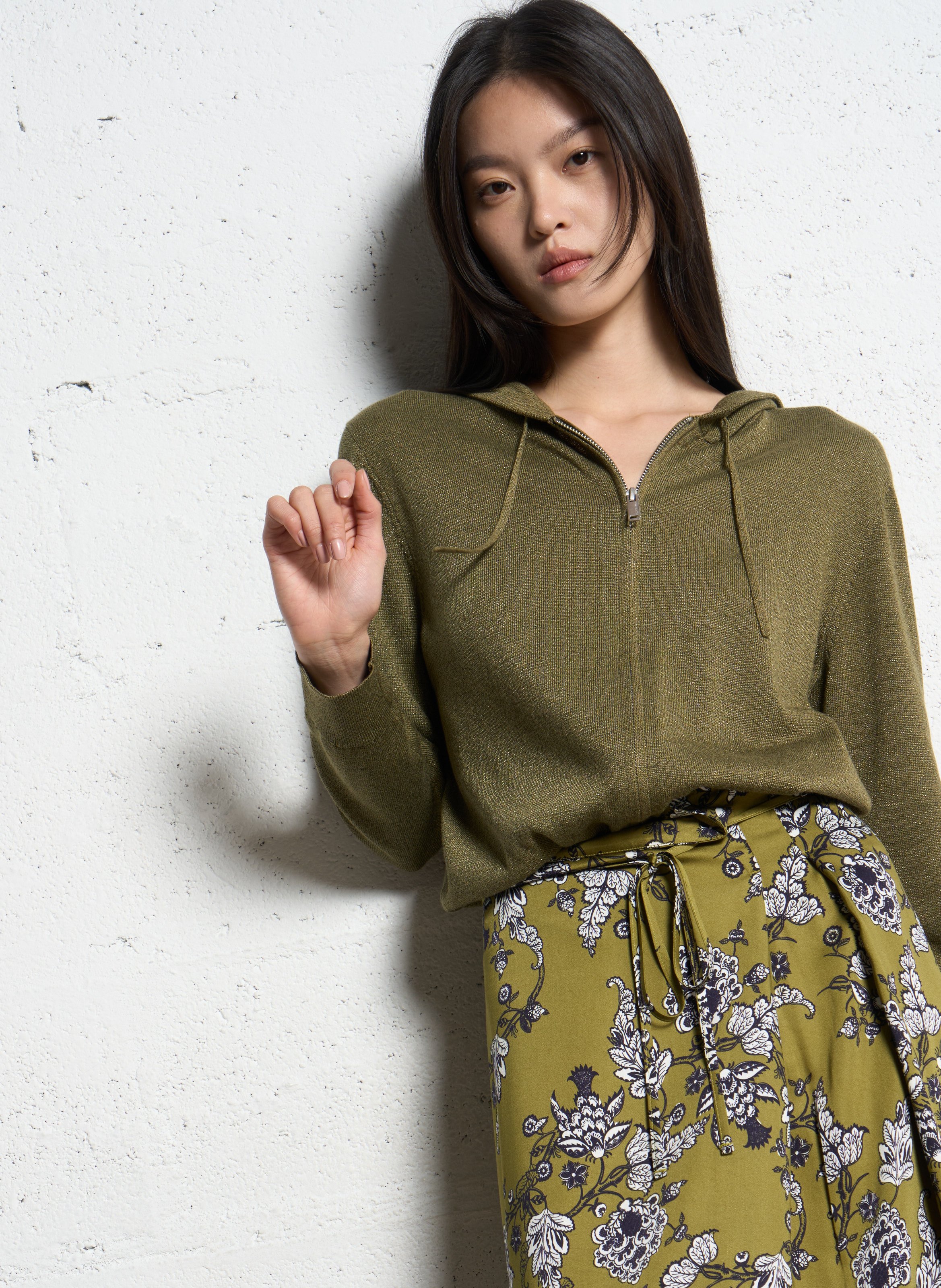 Gilet zippé à capuche en maille IKKS Kaki