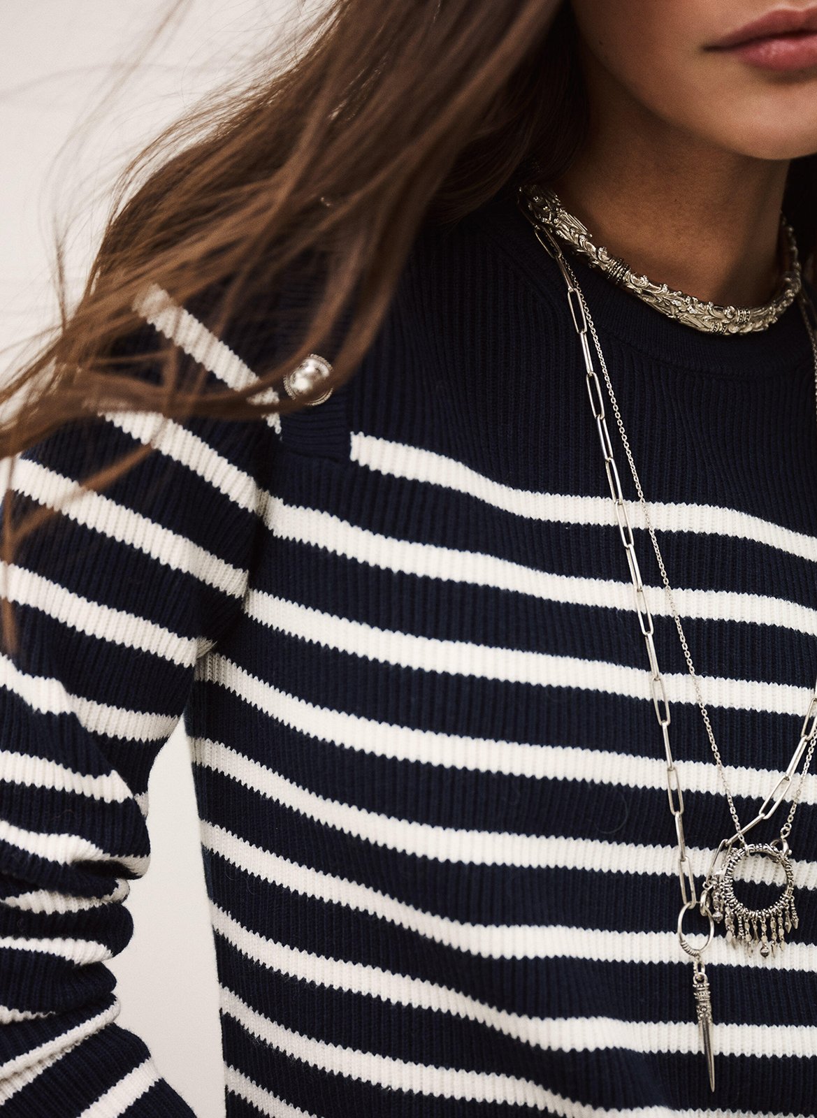 Pull droit col rond en coton et laine mélangé imprimé matio BA&SH Bleu