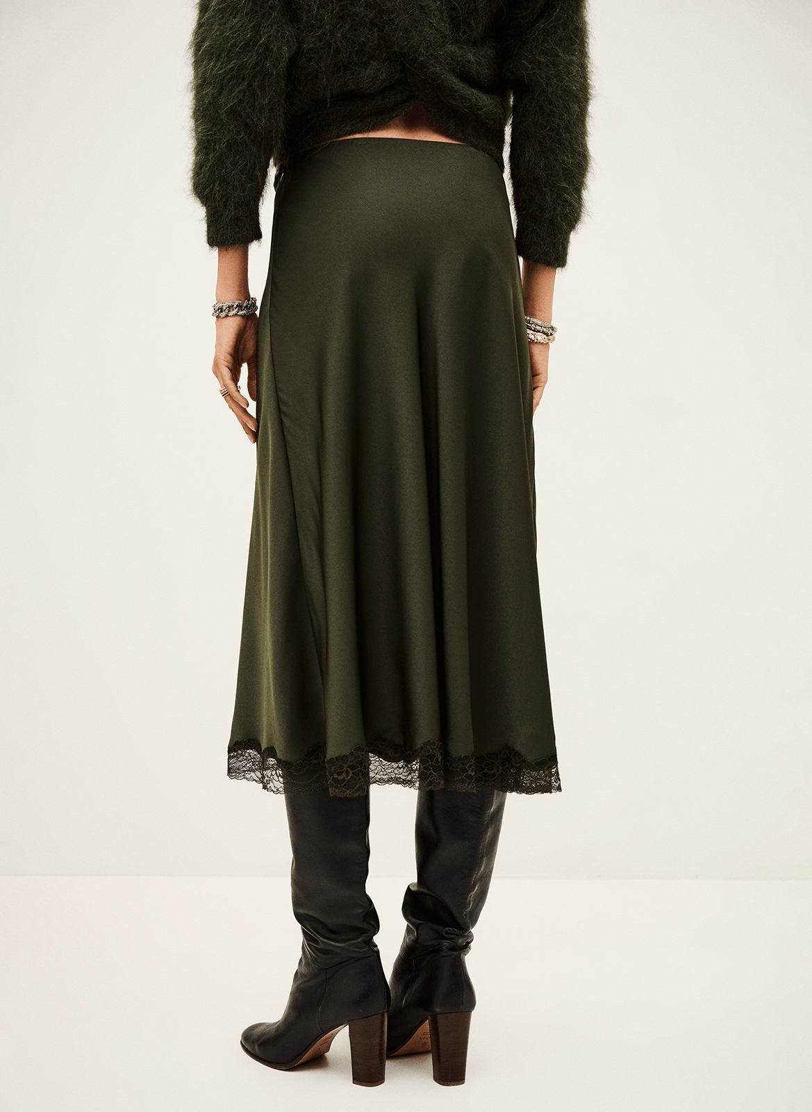 Jupe midi évasée satinée cyla BA&SH Kaki