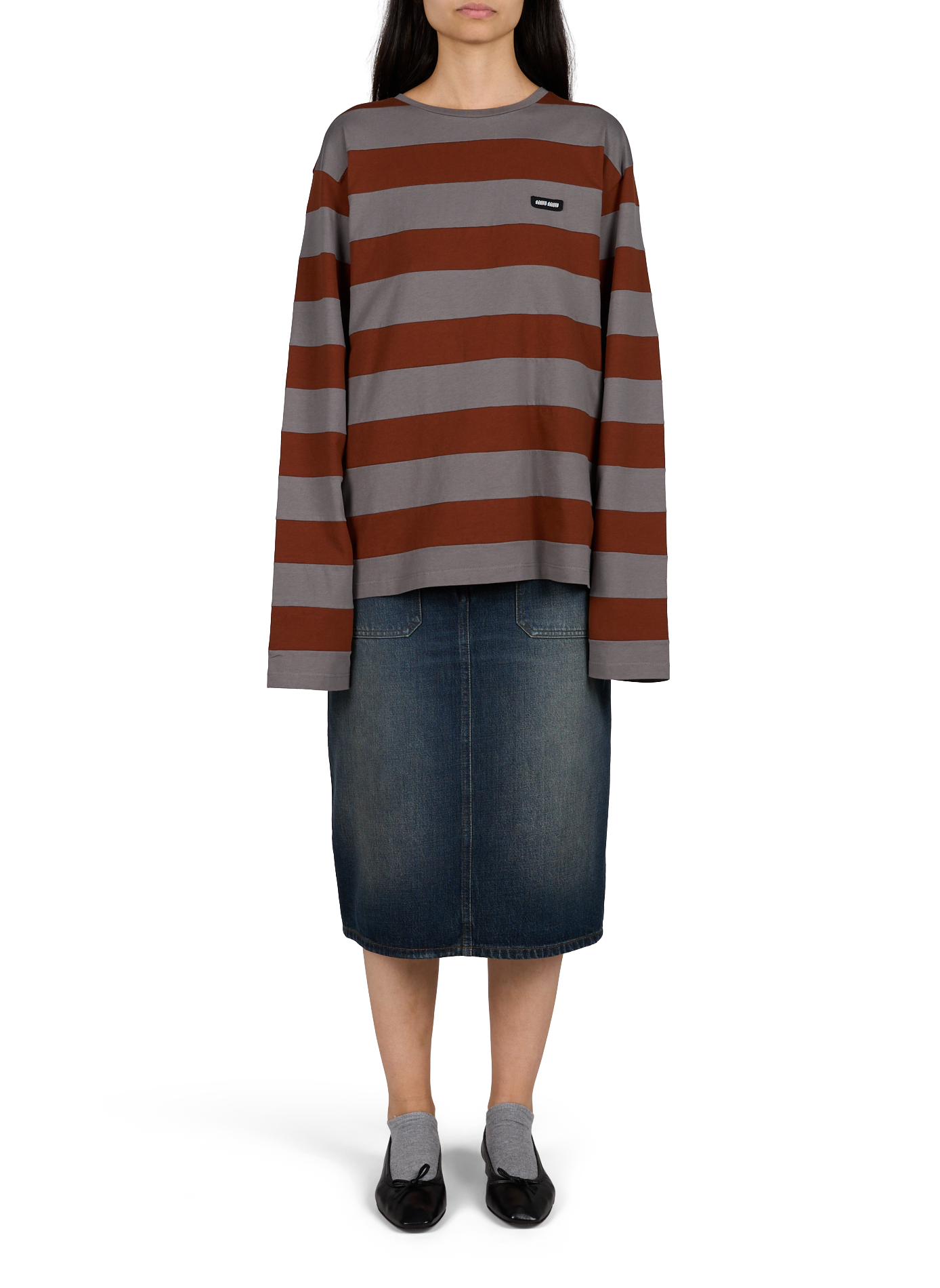 Camiseta a rayas de algodón MIU MIU Marrón