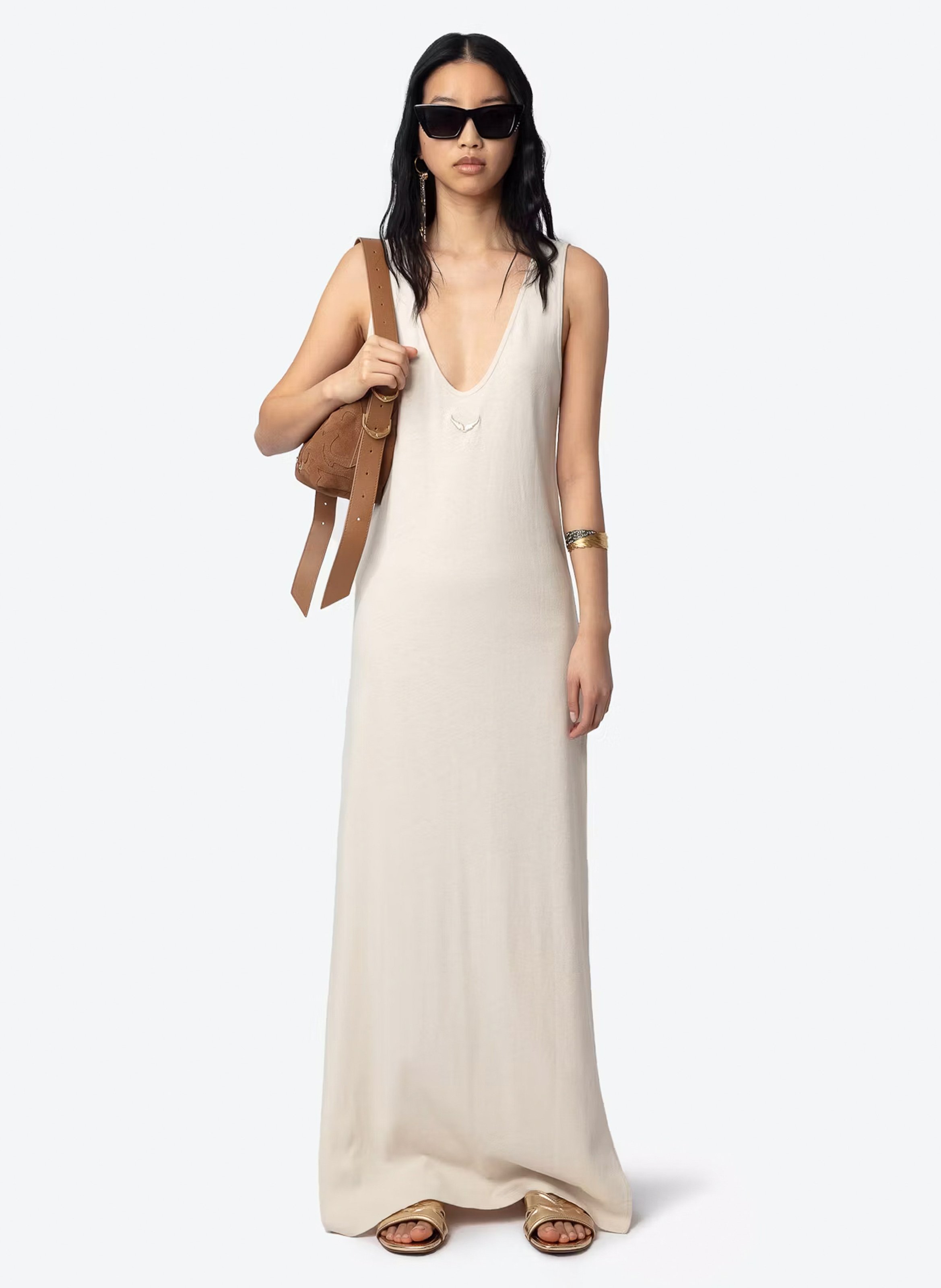 Robe longue décolleté v en coton et en lin mélangés deva ZADIG&VOLTAIRE Blanc