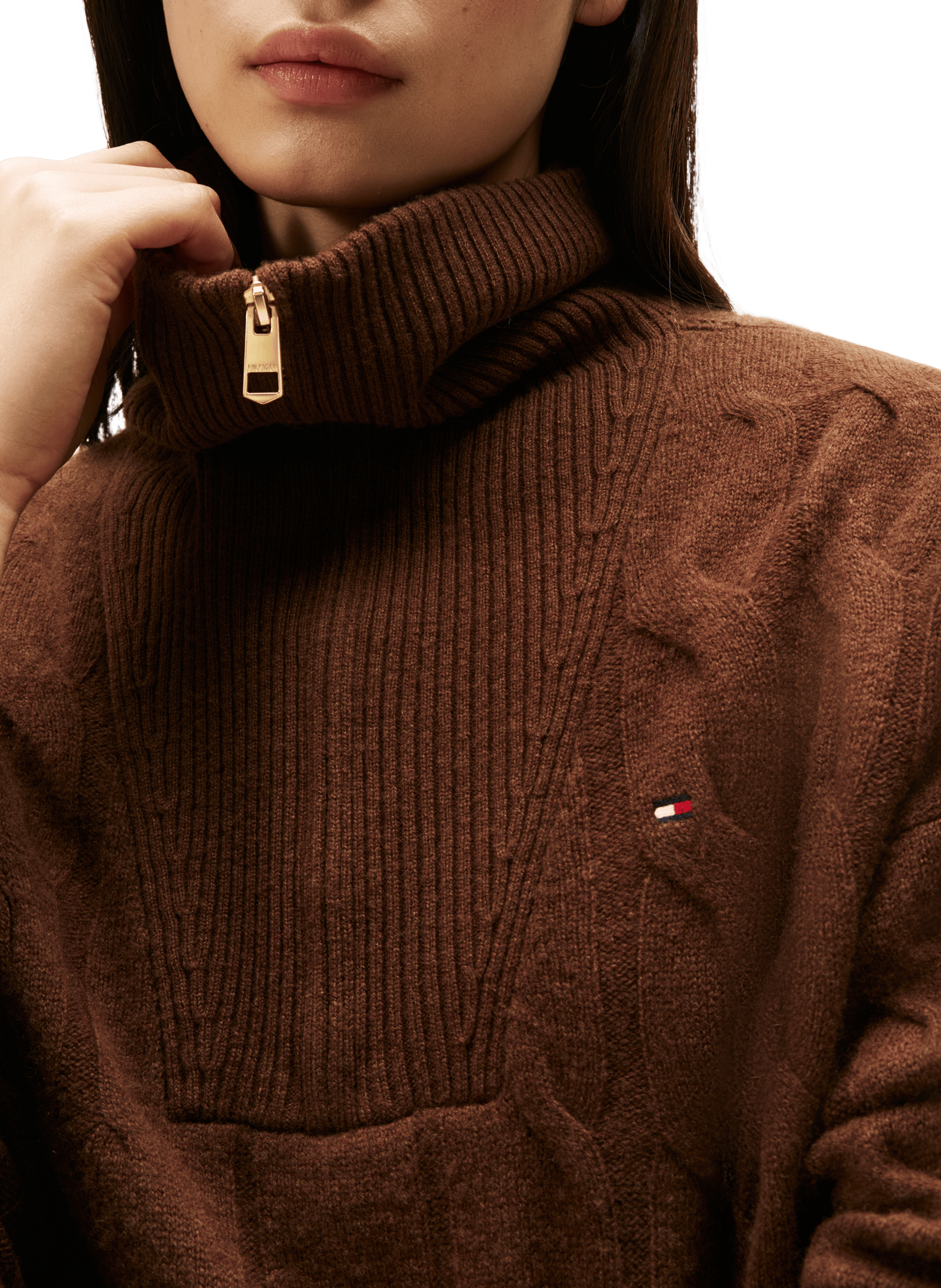 Pull col zippé en laine TOMMY HILFIGER Marron