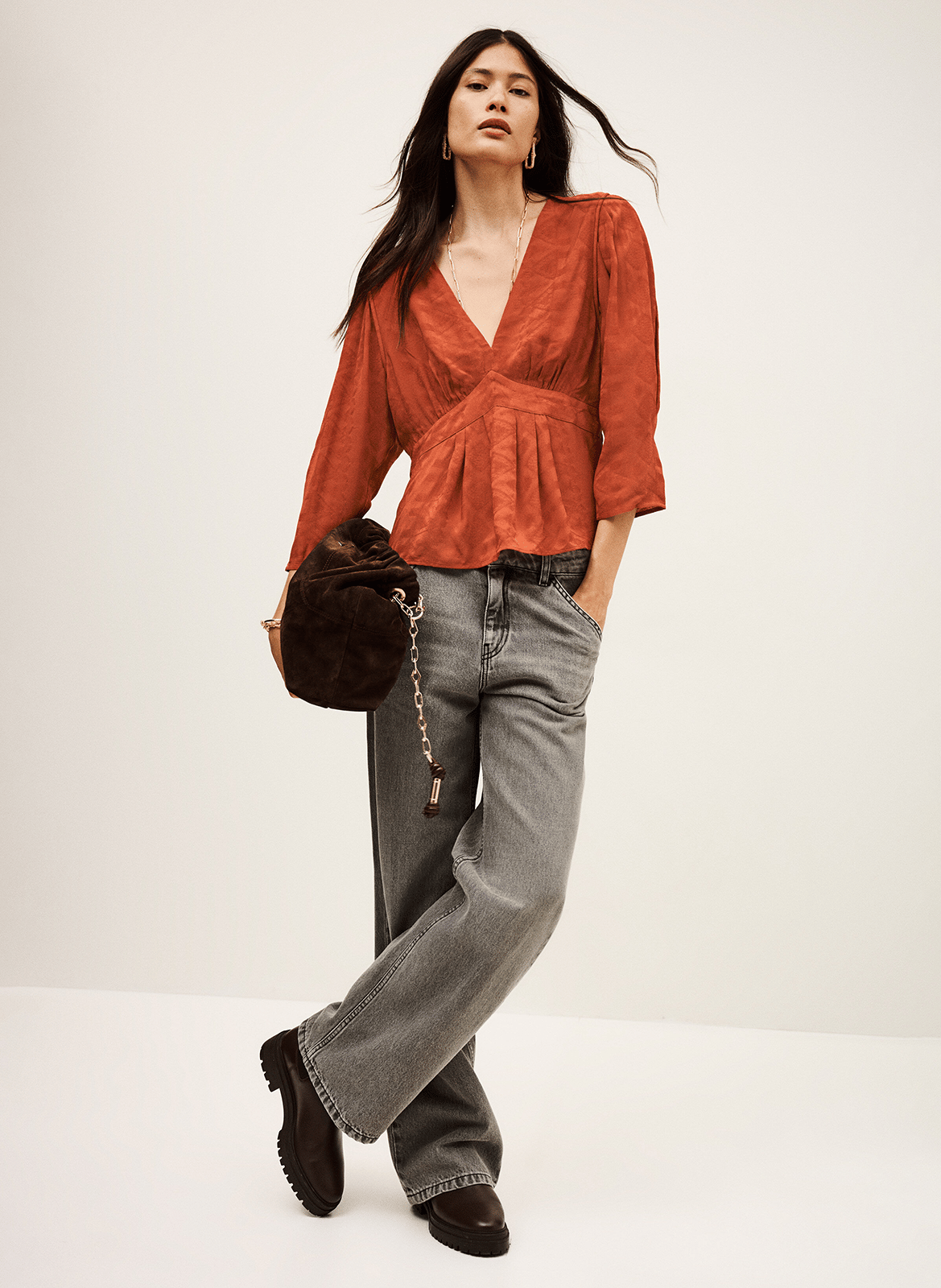 Top col v en jacquard idol Marron