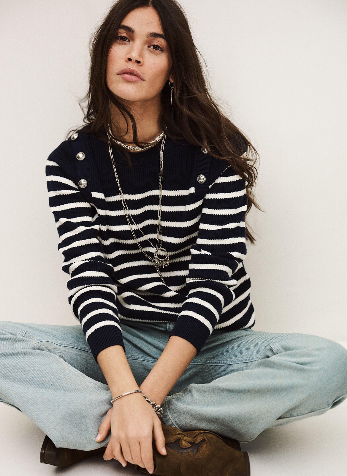 Pull droit col rond en coton et laine mélangé imprimé matio BA&SH Bleu