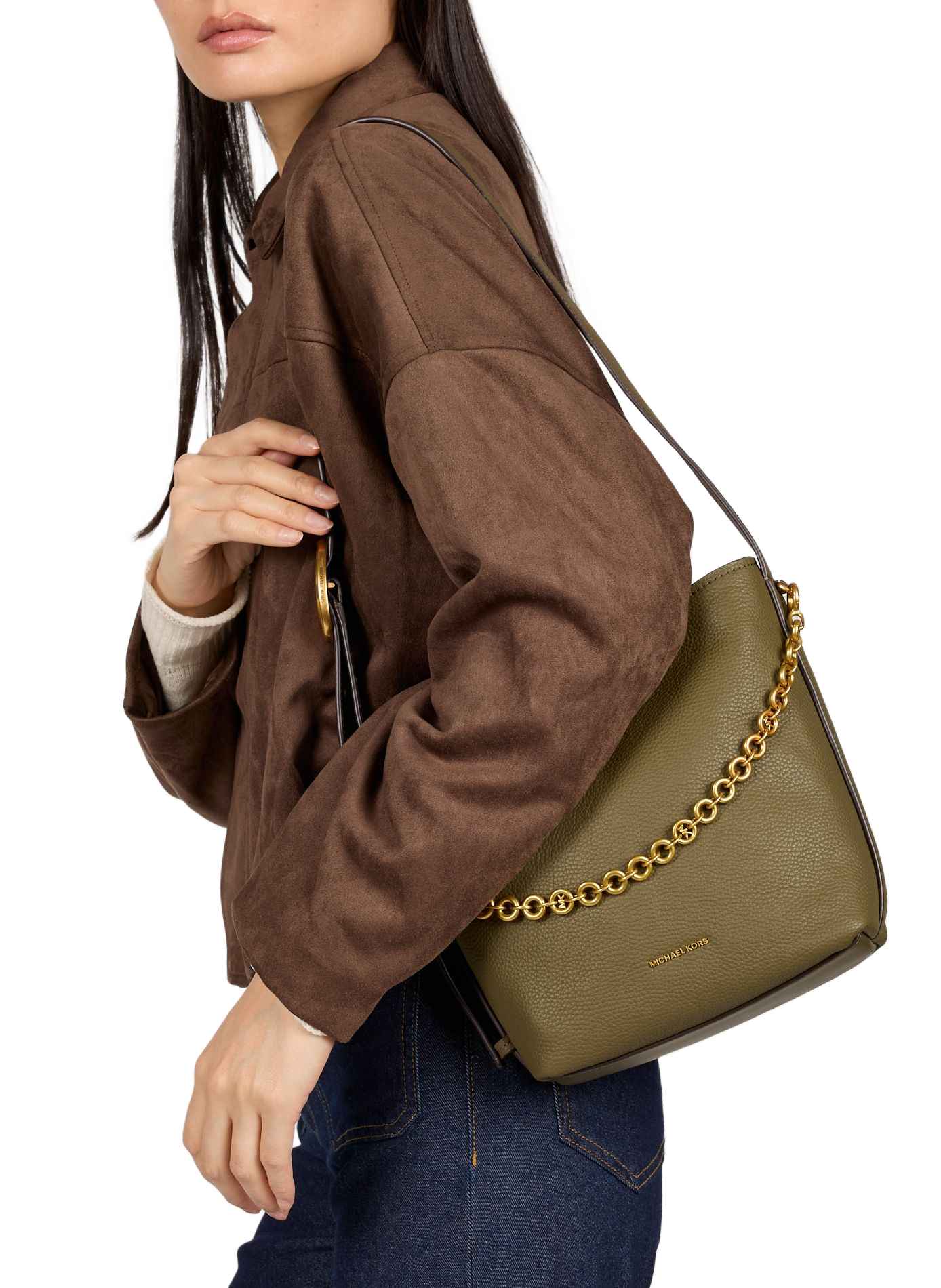 Bucket bag with chain detail in grained leather MICHAEL KORS Brown