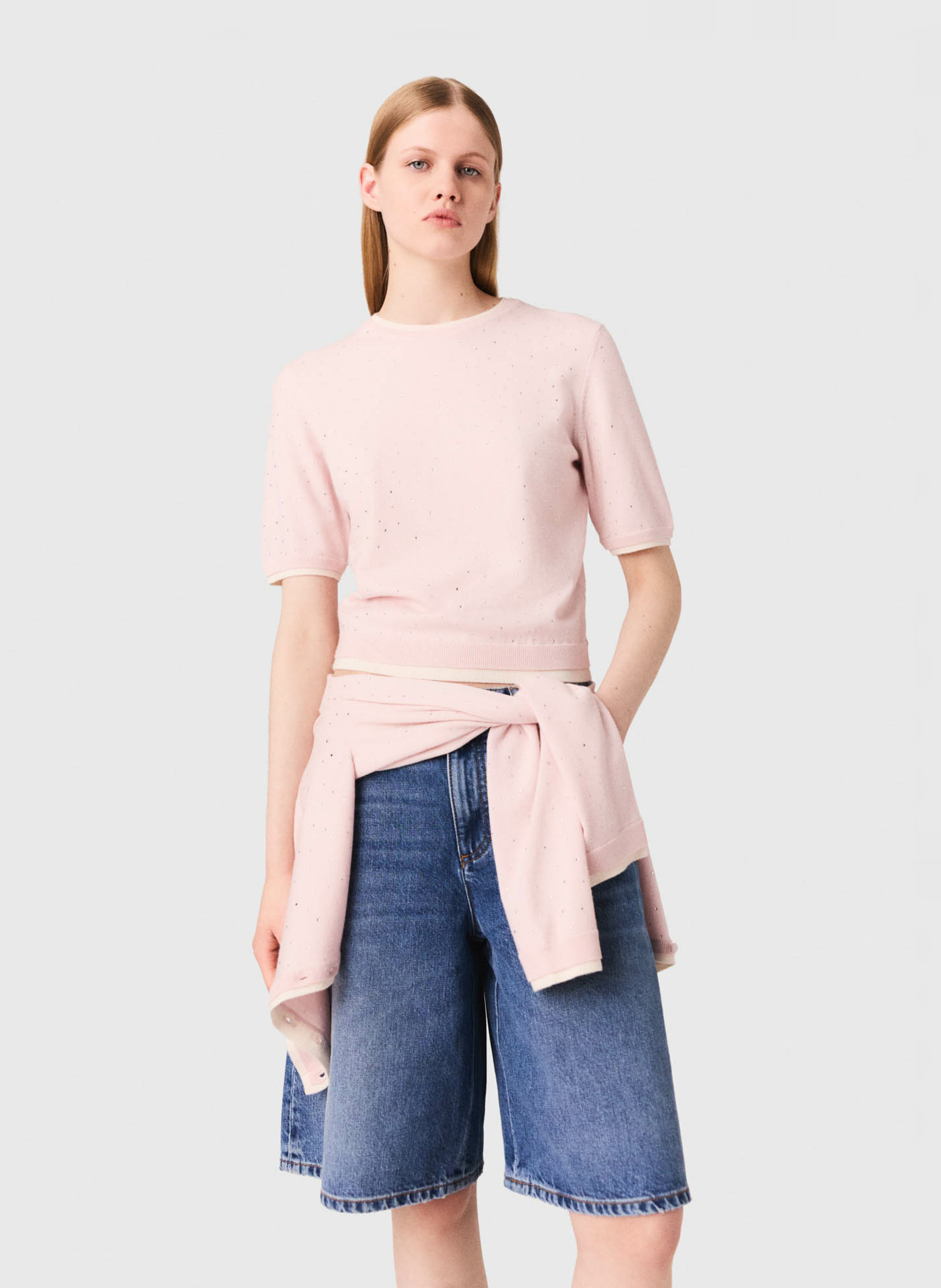 Pull col rond en laine mélangée MAJE Rose