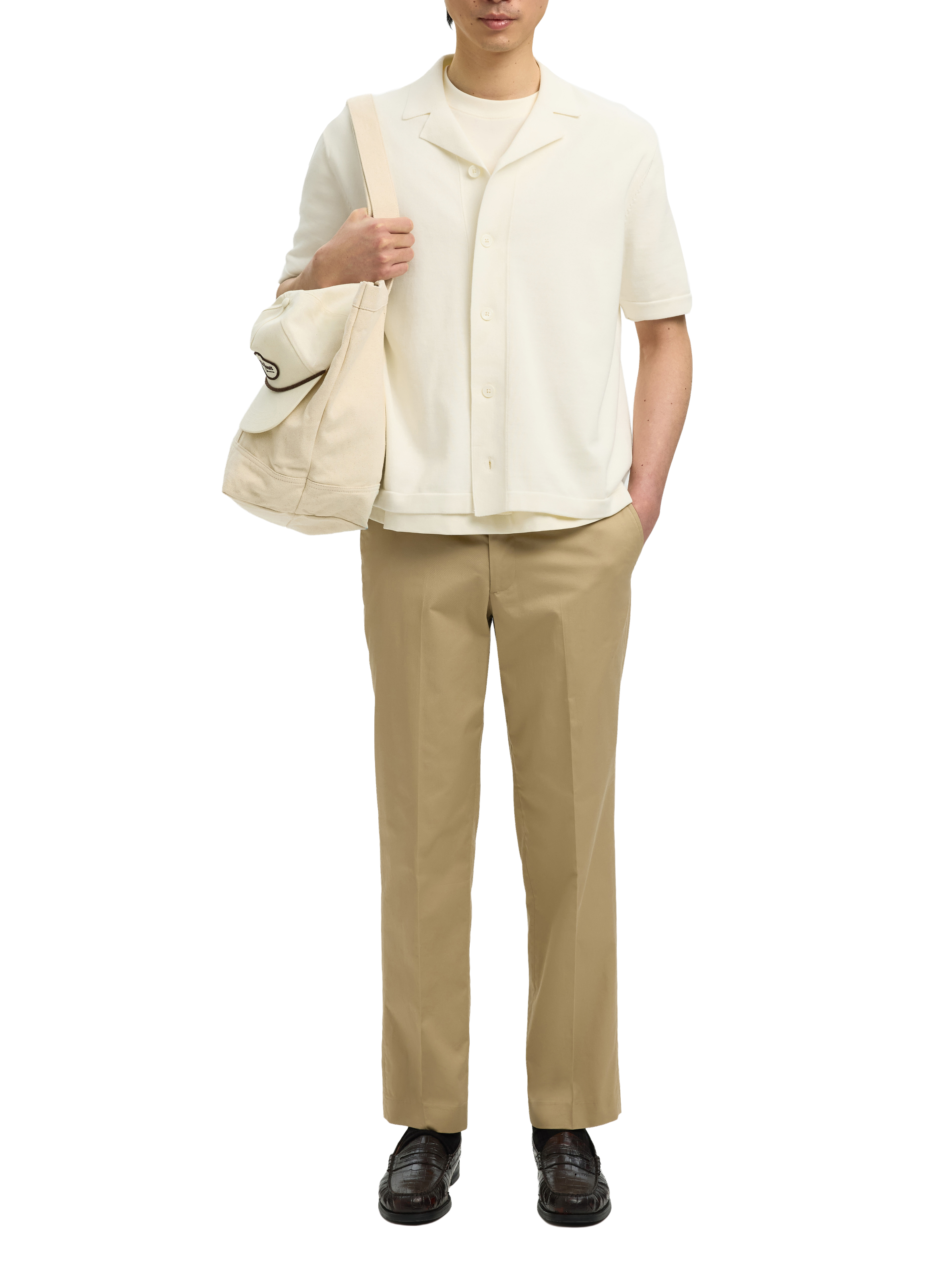 Short-sleeved embroidered cotton shirt SELECTED Beige