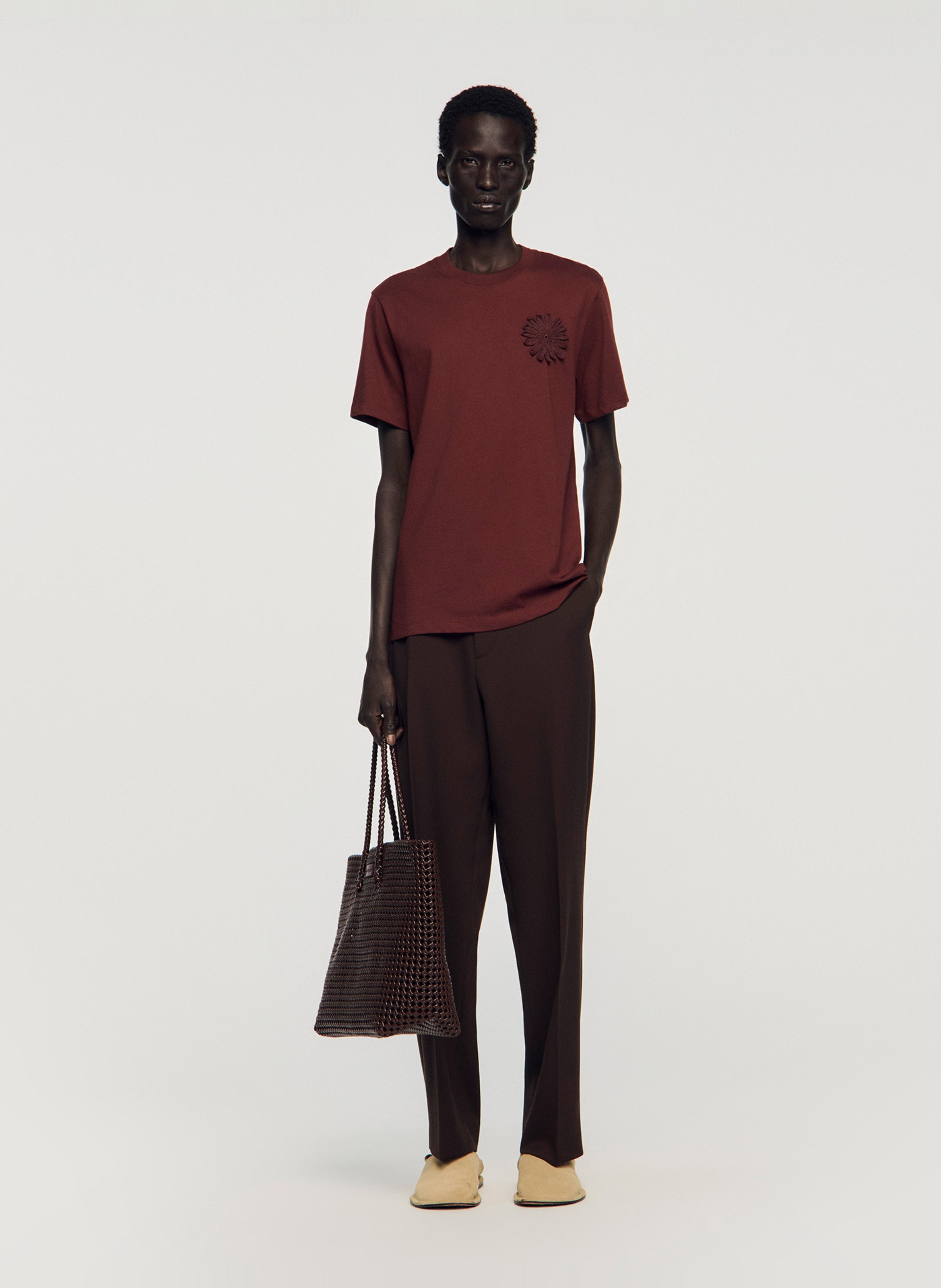 Tee-shirt droit col rond en coton SANDRO Marron