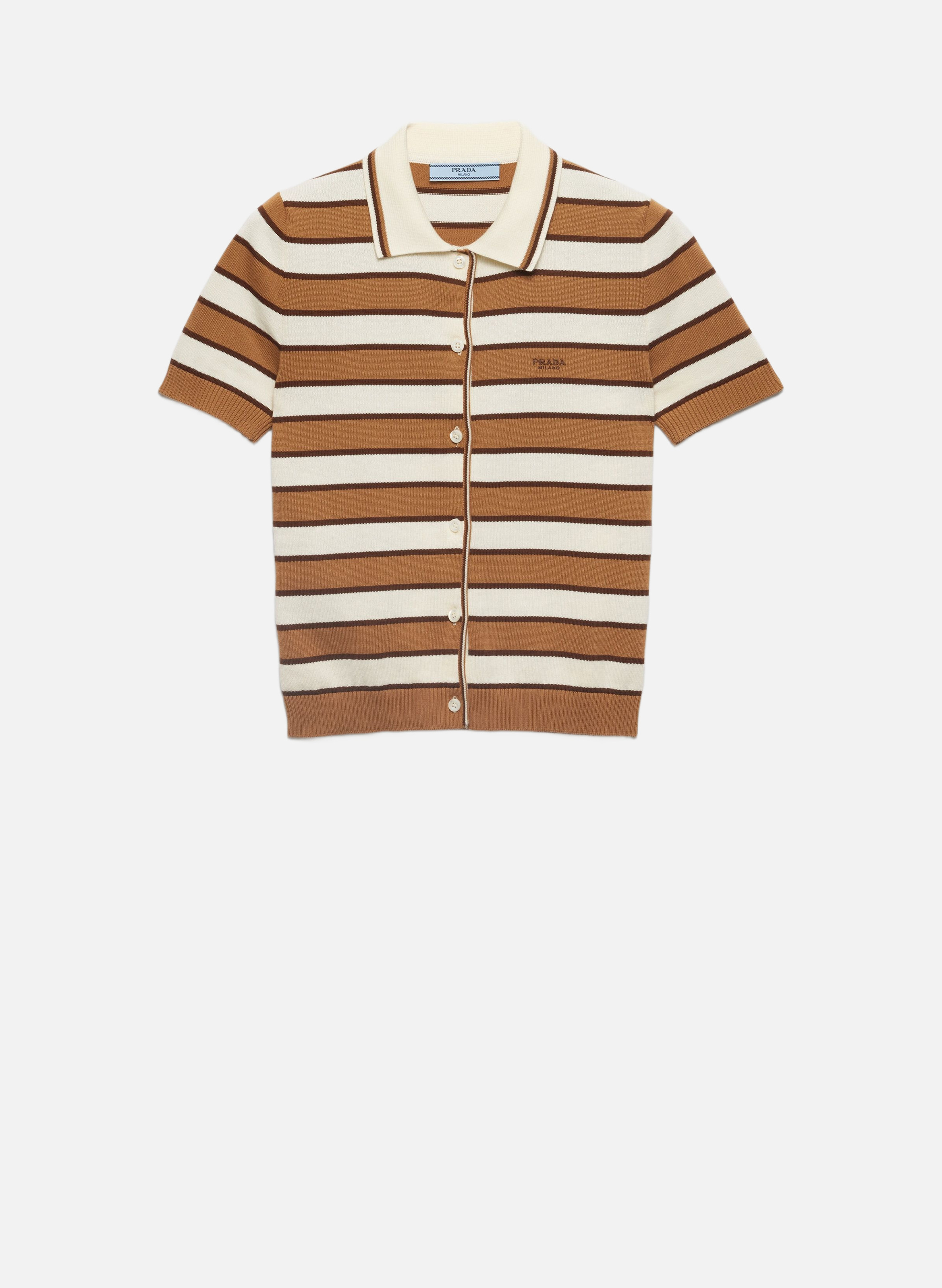 Cardigan à manches courtes en coton rayé PRADA Marron