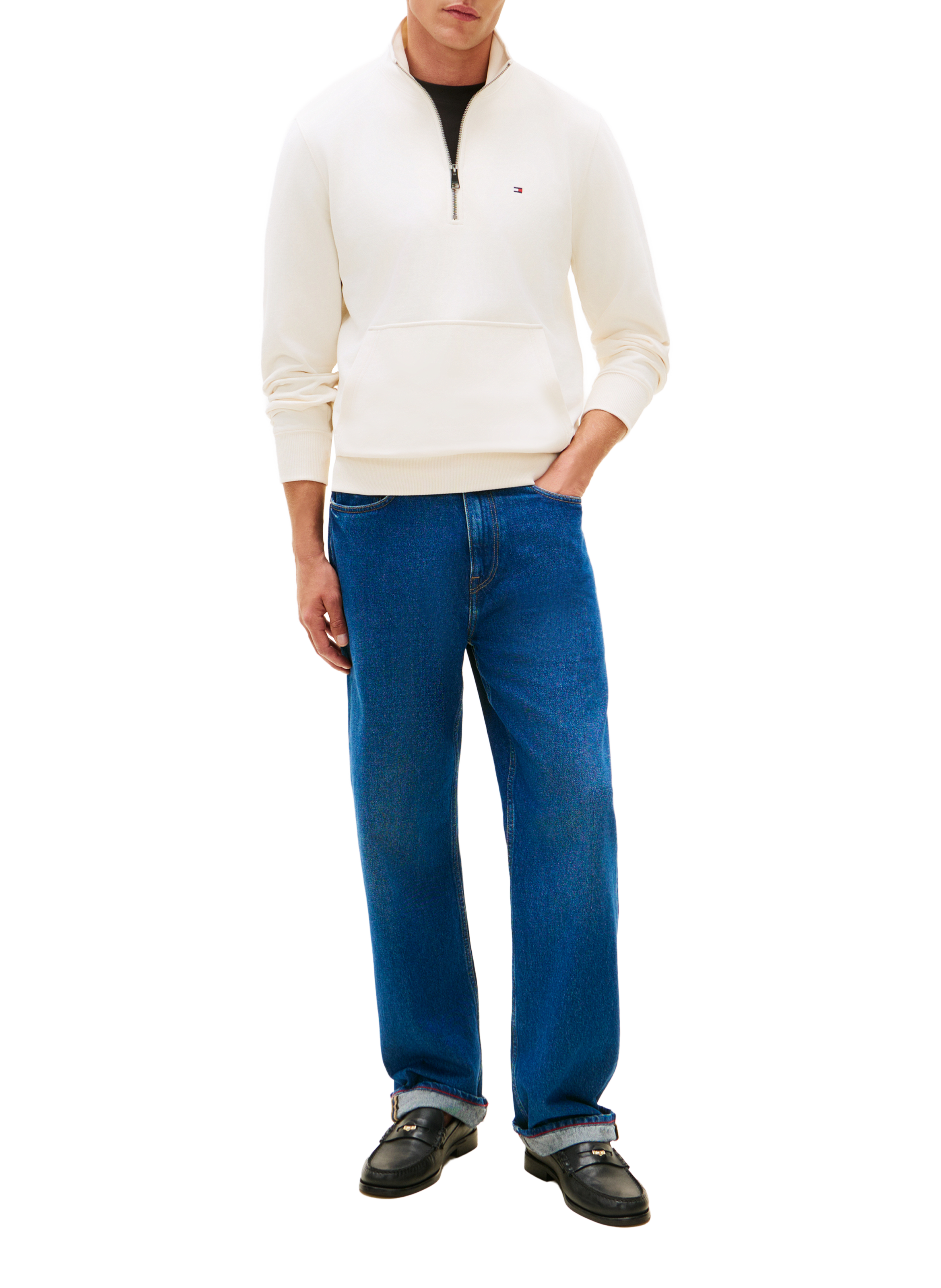 Straight fit high-neck zip-up cotton sweater TOMMY HILFIGER Beige