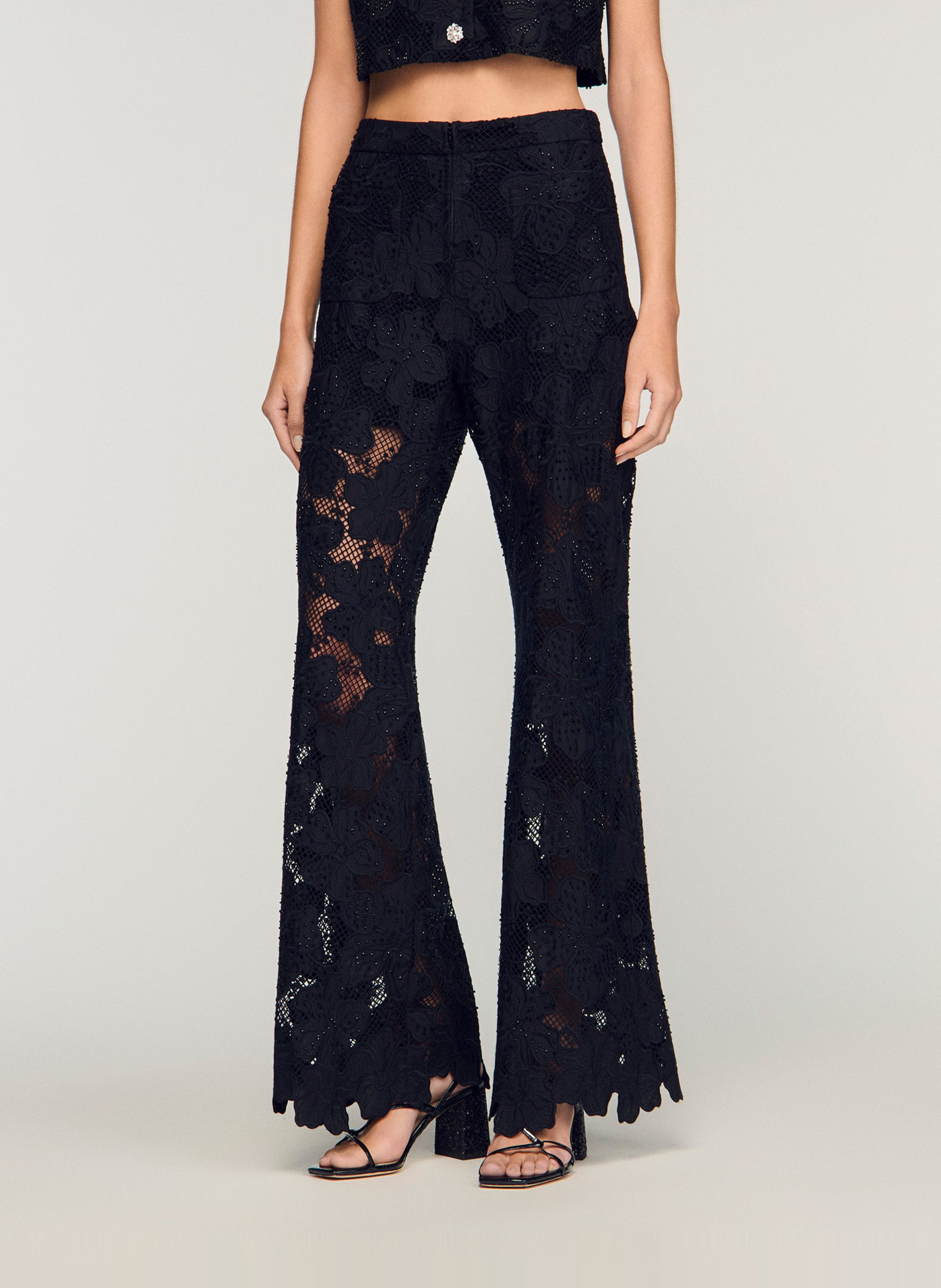 Pantalon évasé en guipure SANDRO Noir