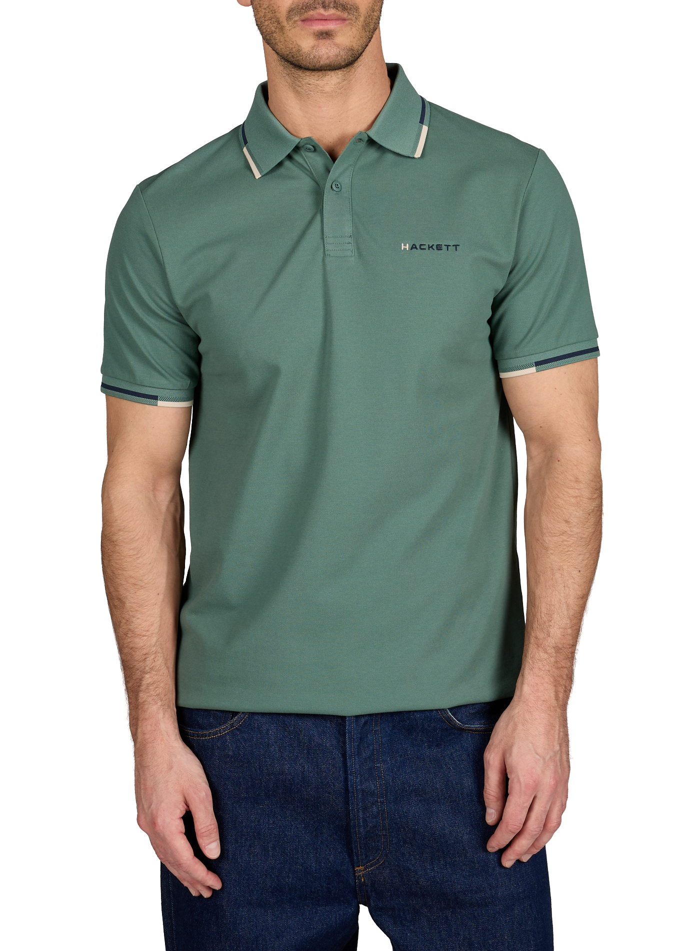 Solid short-sleeve straight fit polo HACKETT Green