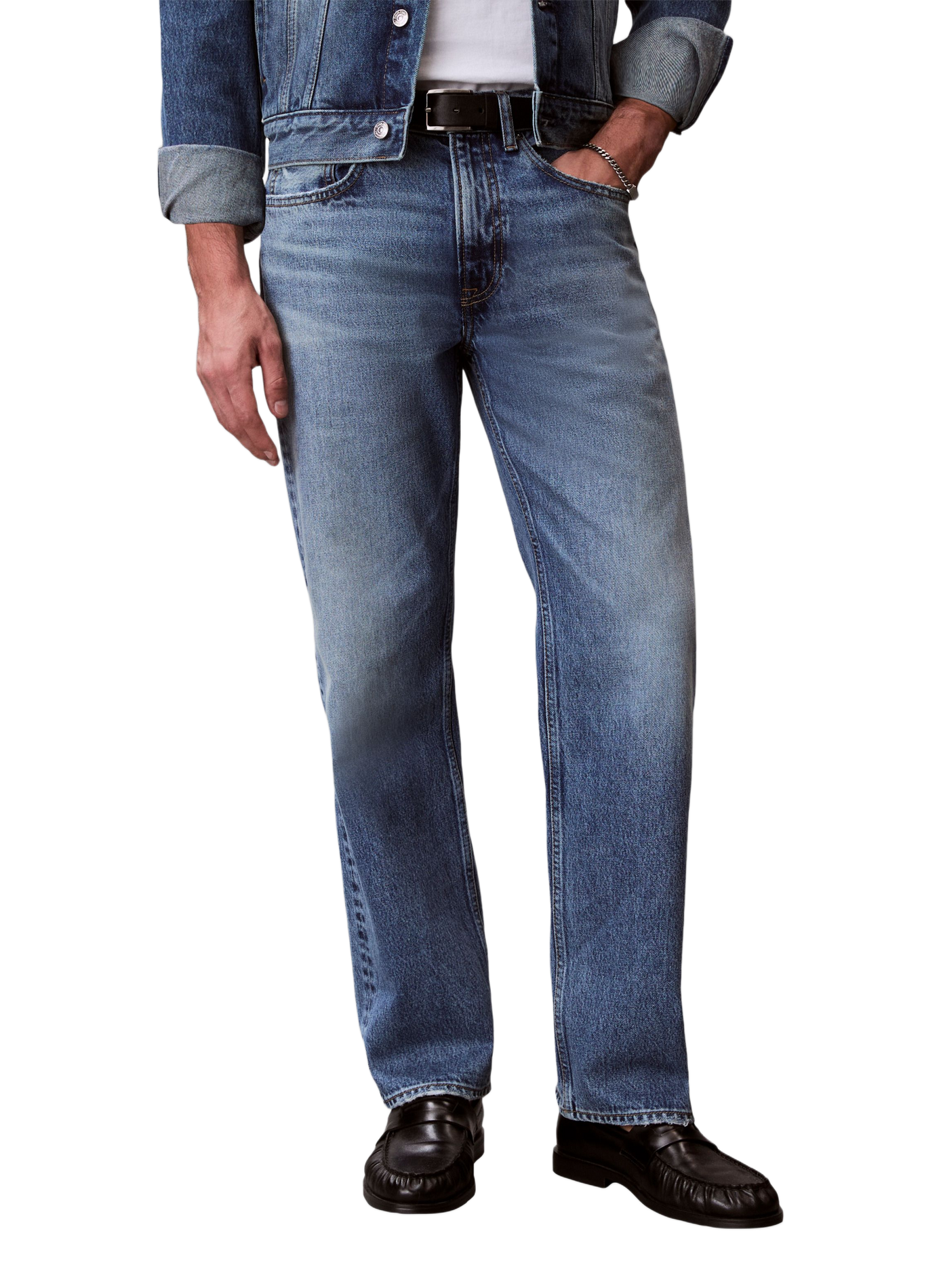Jean droit délavé en coton CALVIN KLEIN Bleu