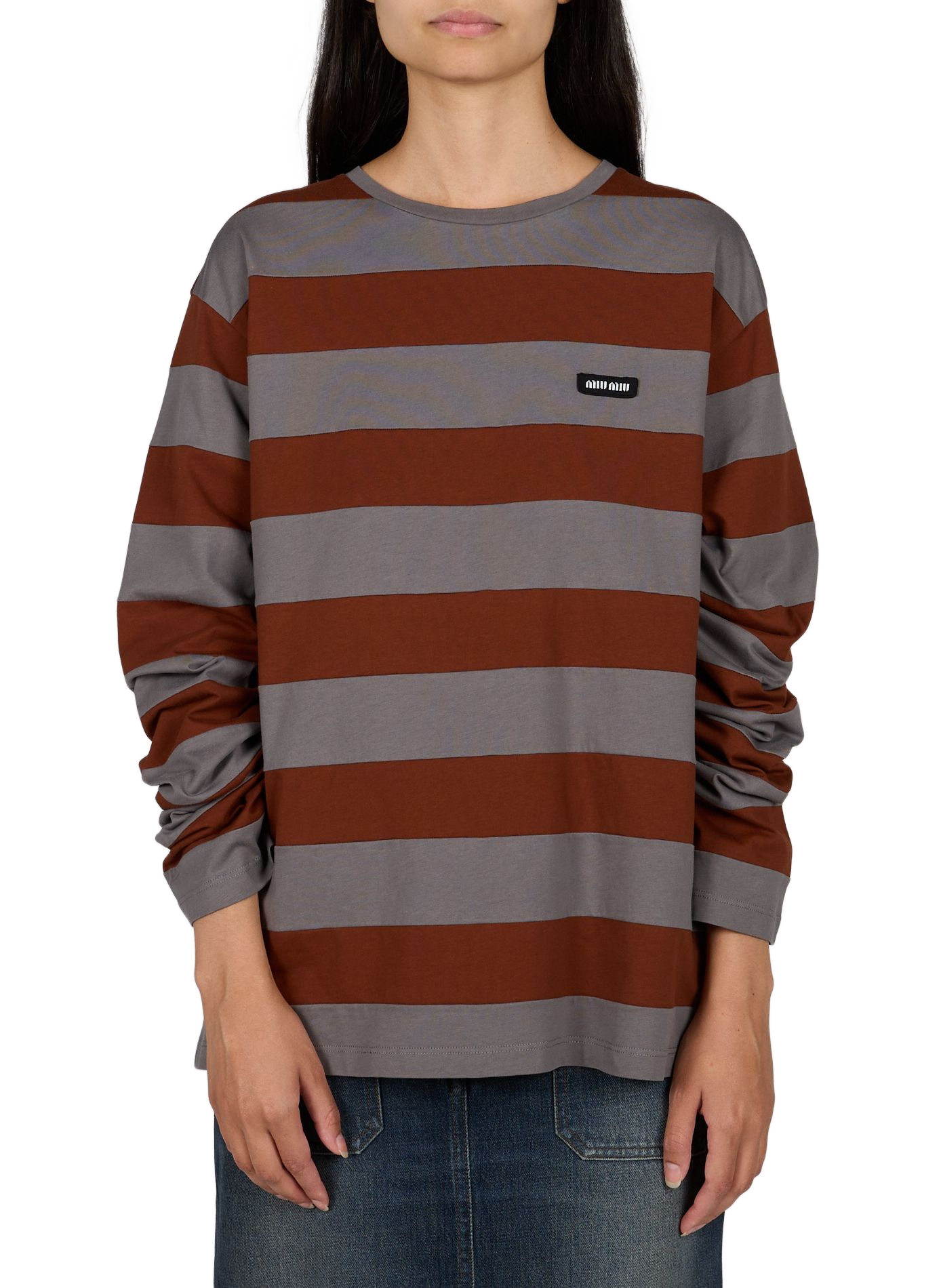 Camiseta a rayas de algodón MIU MIU Marrón