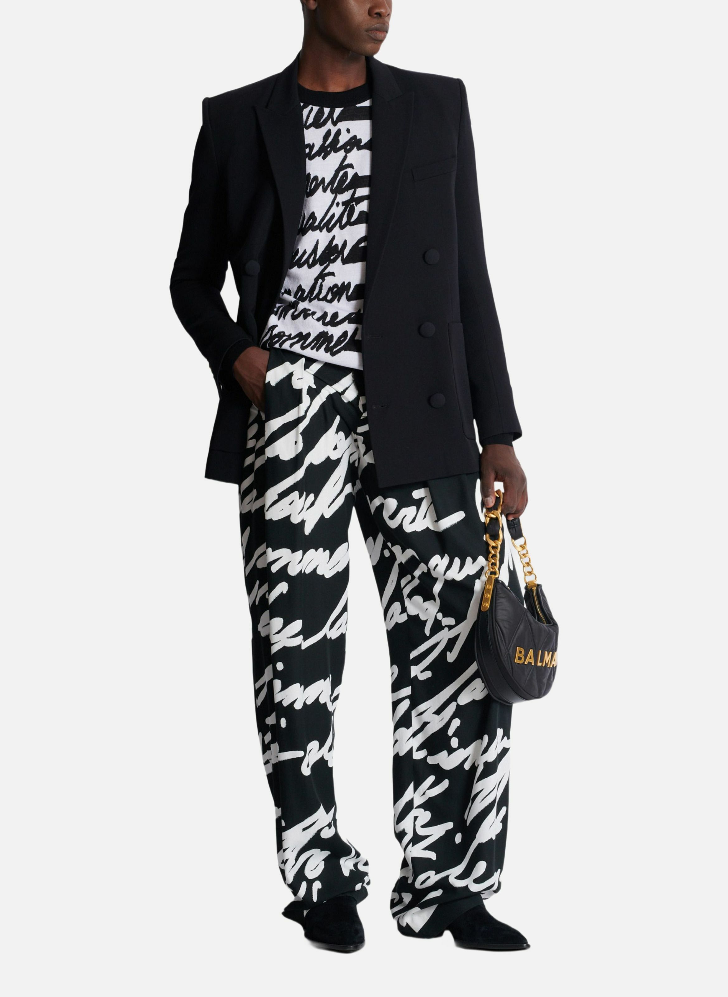 Pantalon à plis imprimé « lettre d'amour » BALMAIN Noir