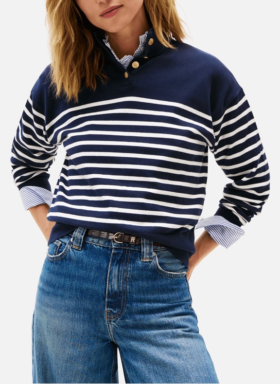 Striped sweater with funnel neck and gold buttons Multicolour by TOMMY HILFIGER TOMMY HILFIGER Striped sweater with funnel neck and gold buttons Multicolour