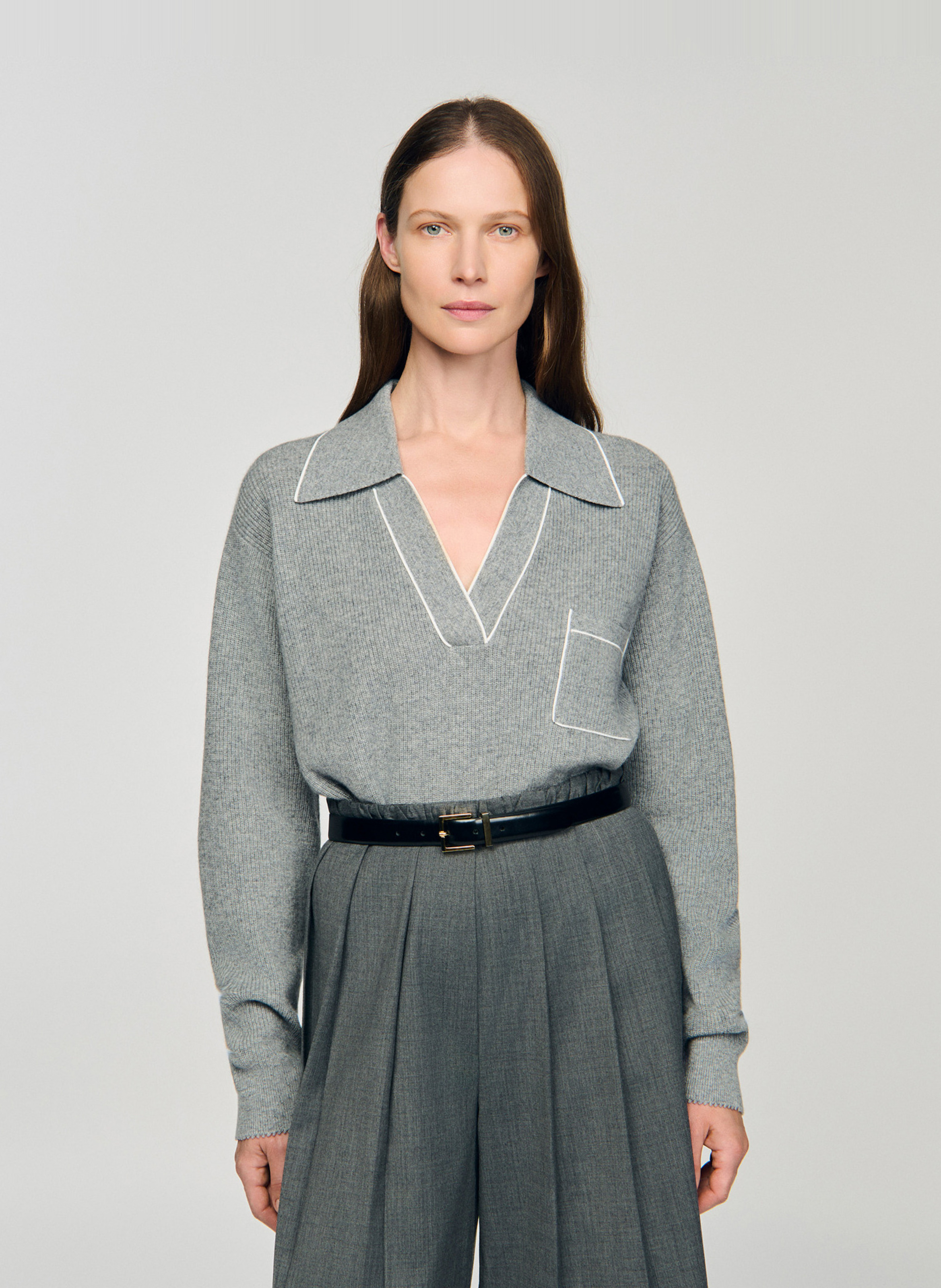 SANDRO Pull col polo en laine et en cachemire mélangés Gris