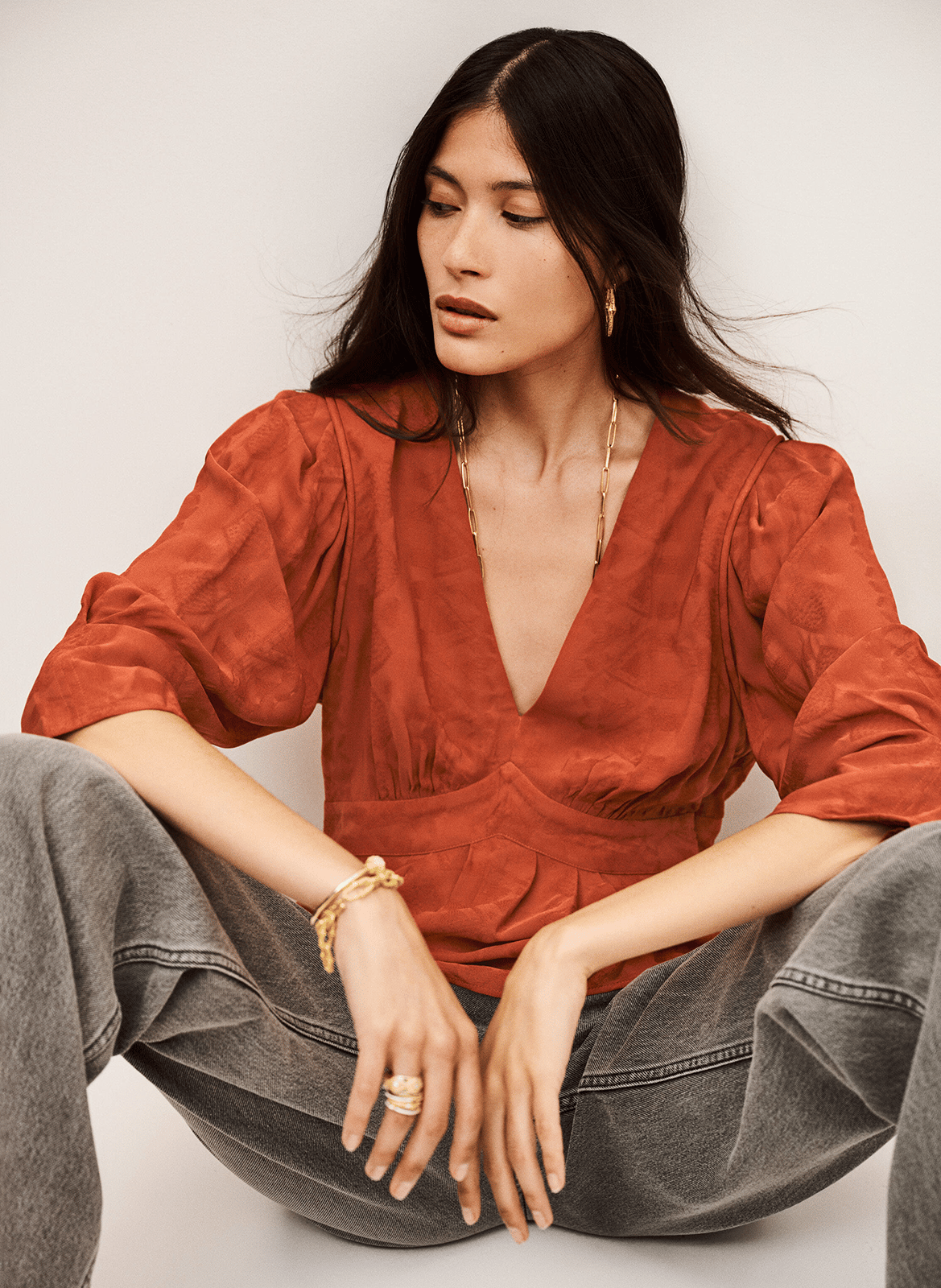 Top col v en jacquard idol Marron