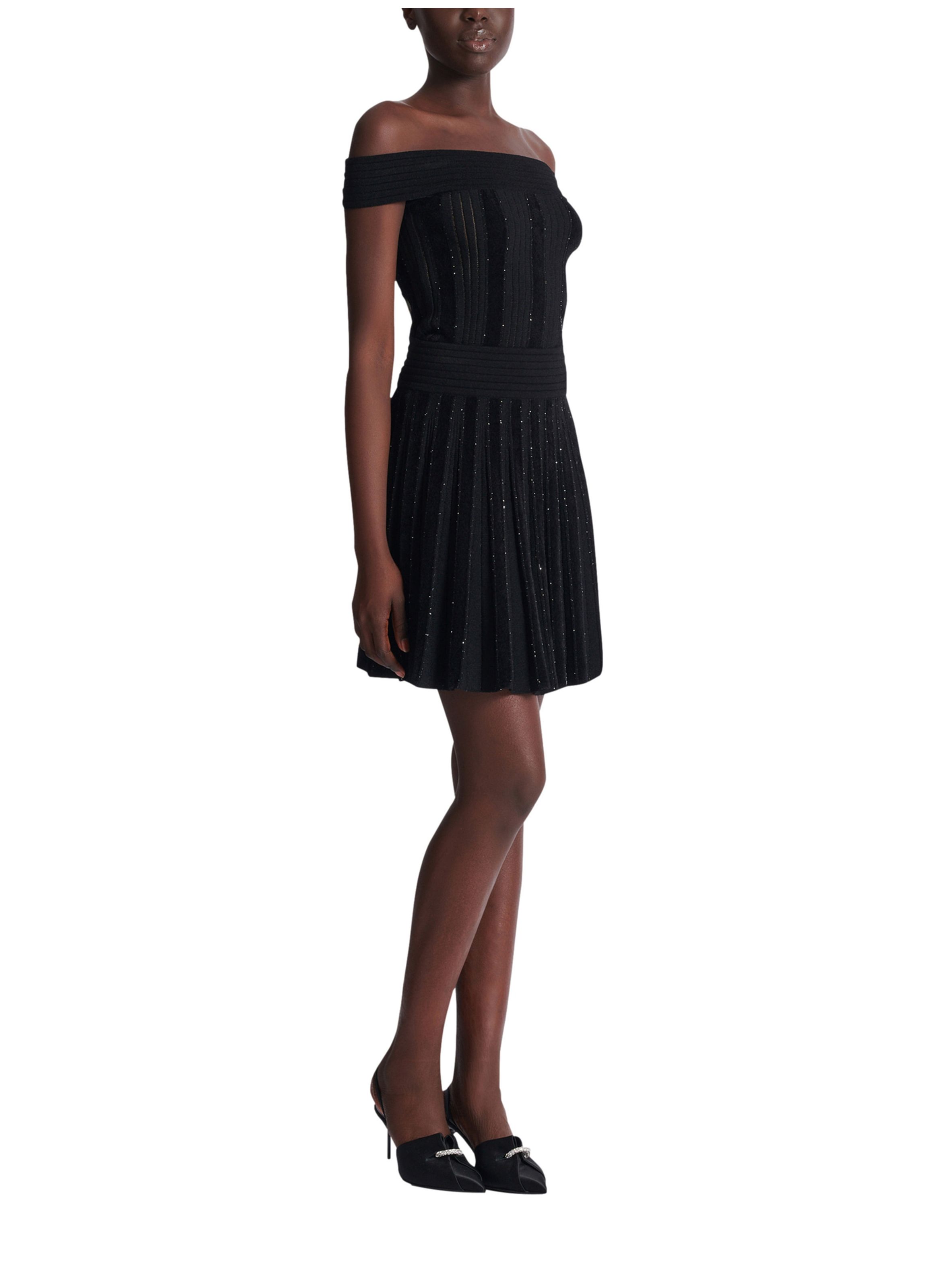 Jupe plissée en maille à paillettes BALMAIN Noir