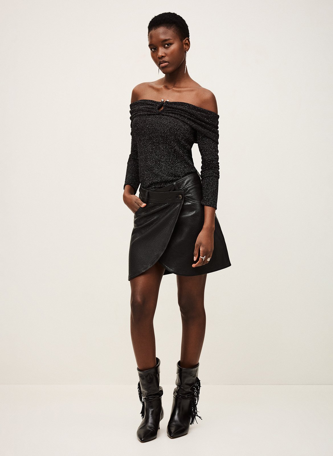 Top ajusté col bardot imprimé bai BA&SH Noir