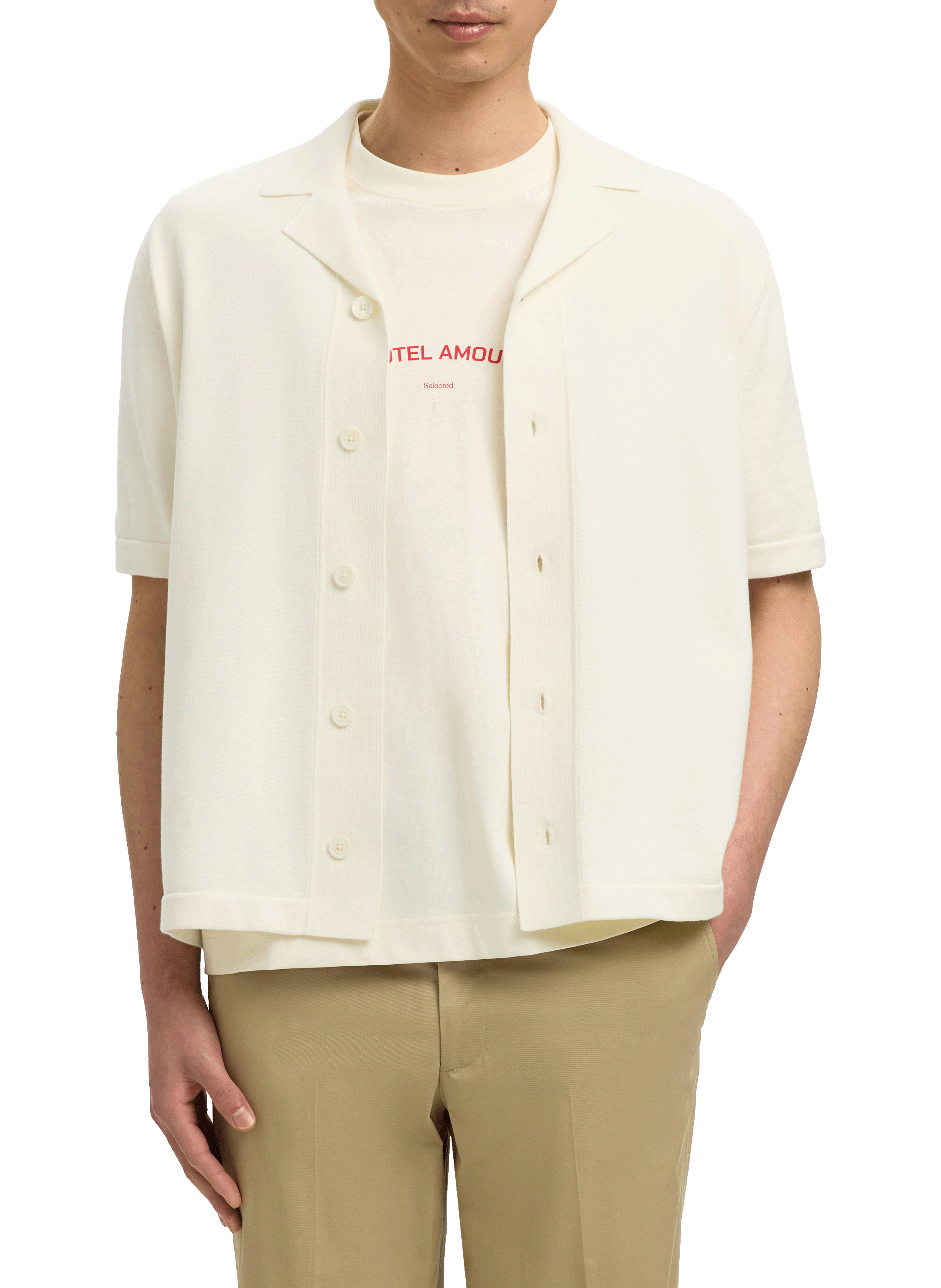 Short-sleeved embroidered cotton shirt SELECTED Beige