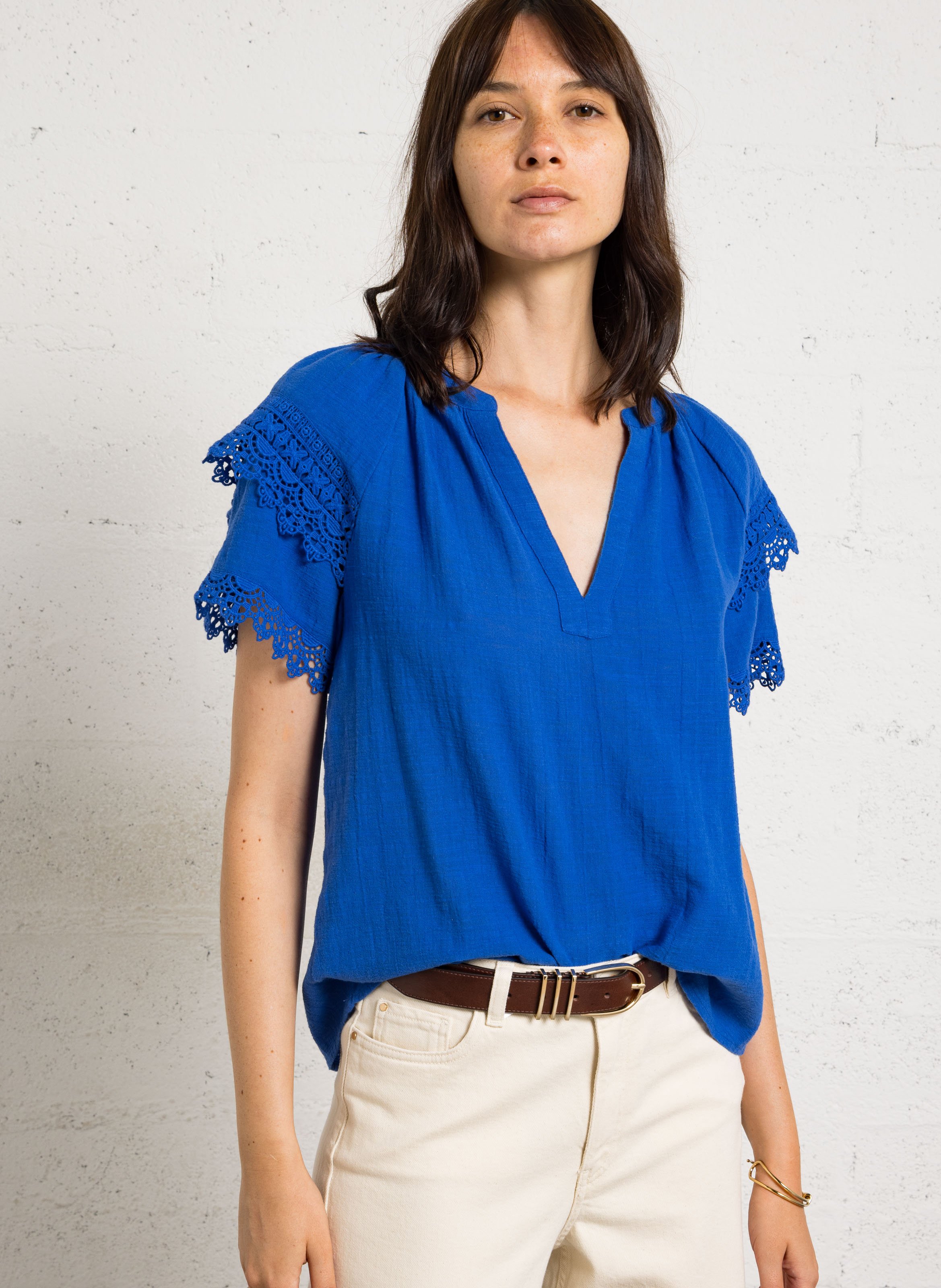 Blouse col v en coton mathis MAISON 123 Bleu
