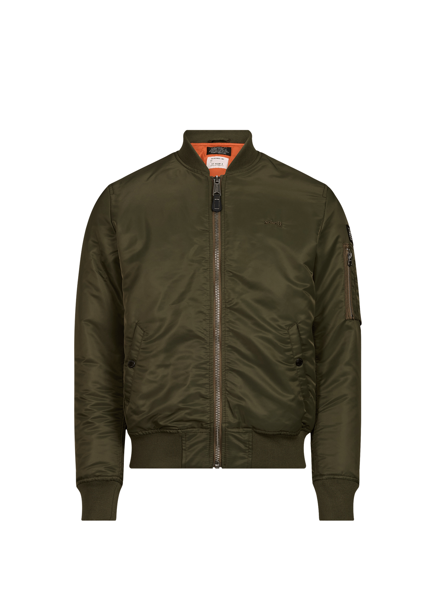 Einfarbige schmale Bomberjacke mit Logo. SCHOTT Khaki