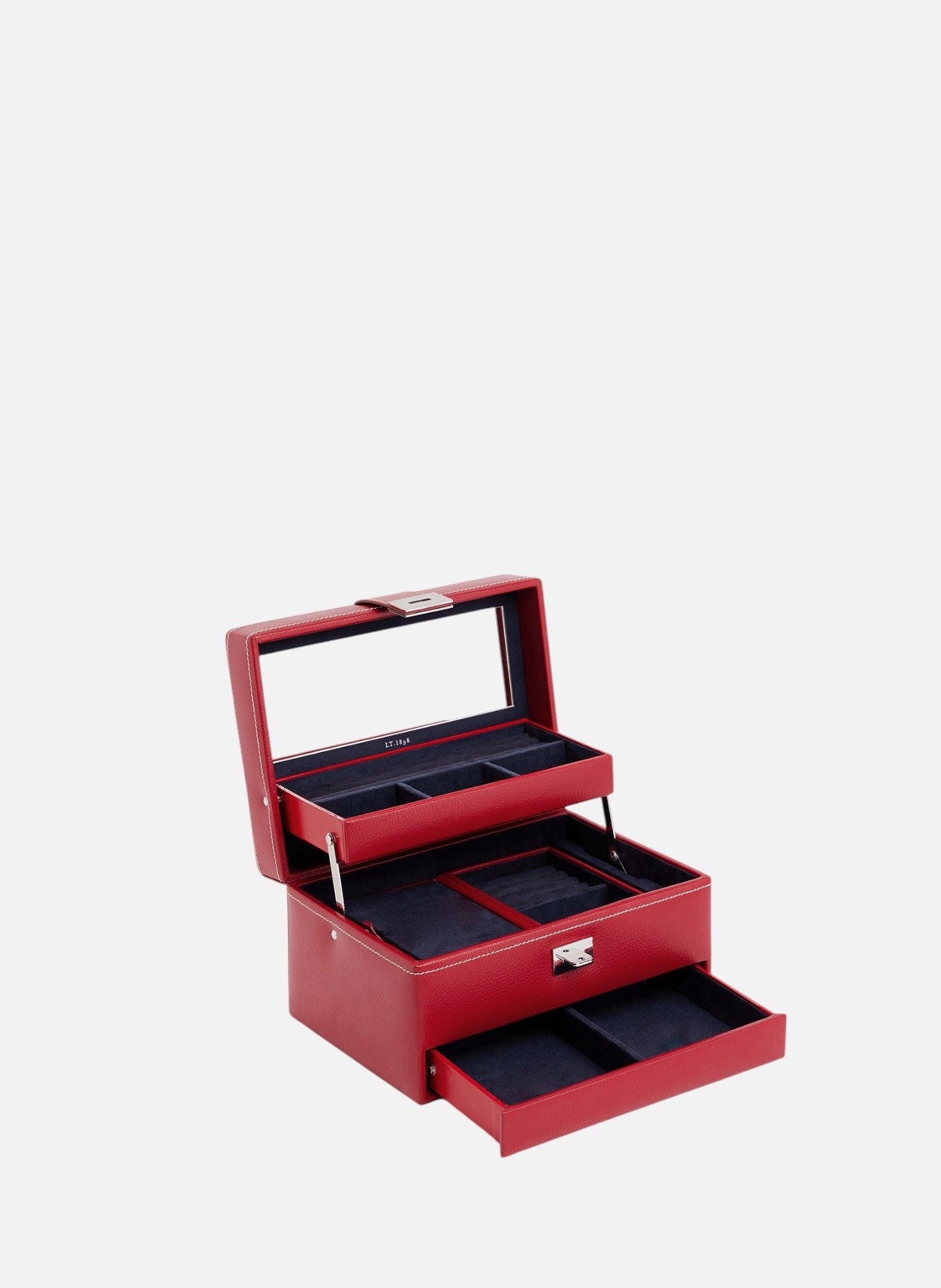 Boite à bijoux moyen modèle ouverture automatique en cuir LE TANNEUR Rouge