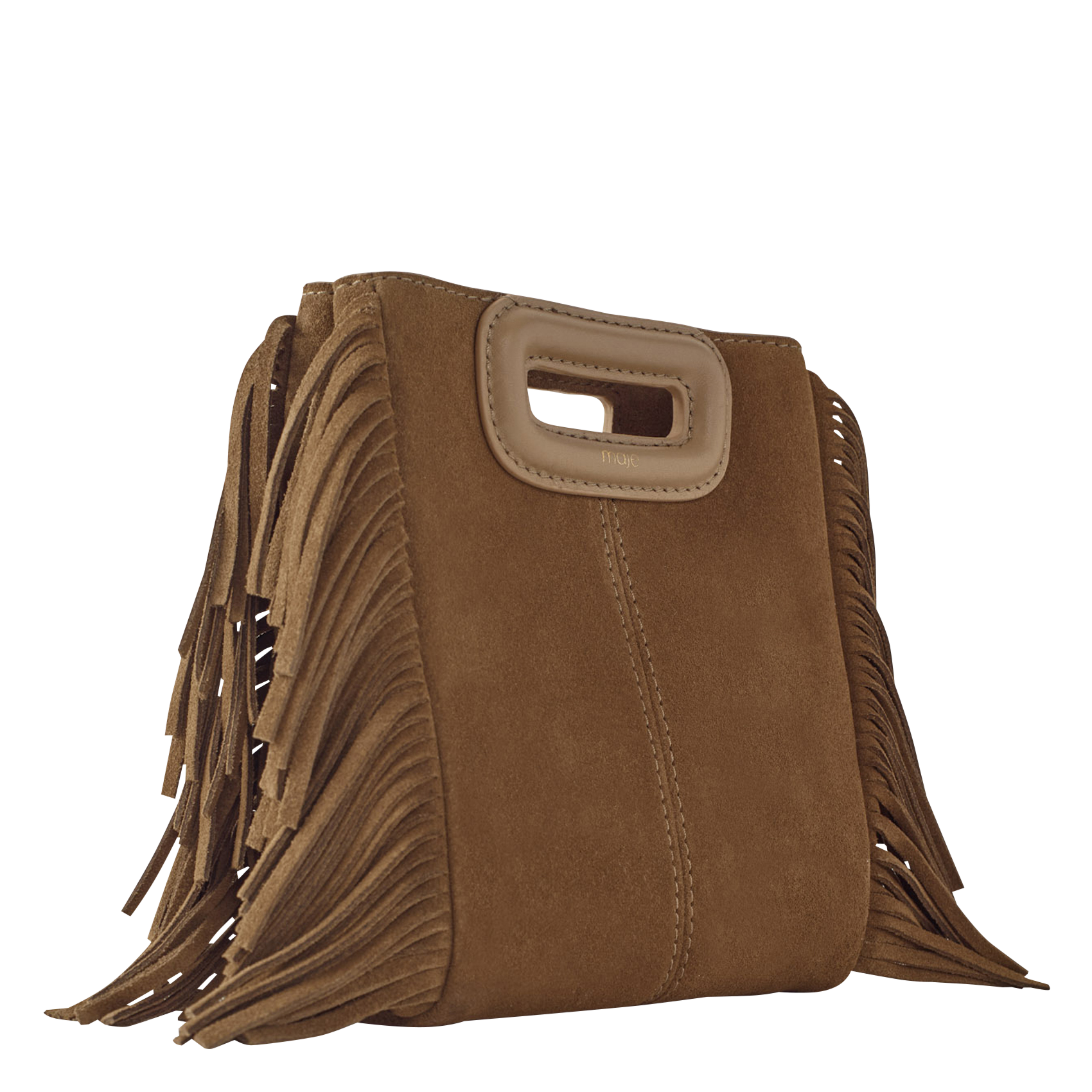 Sac bandoulière à franges en cuir velours m mini MAJE Marron