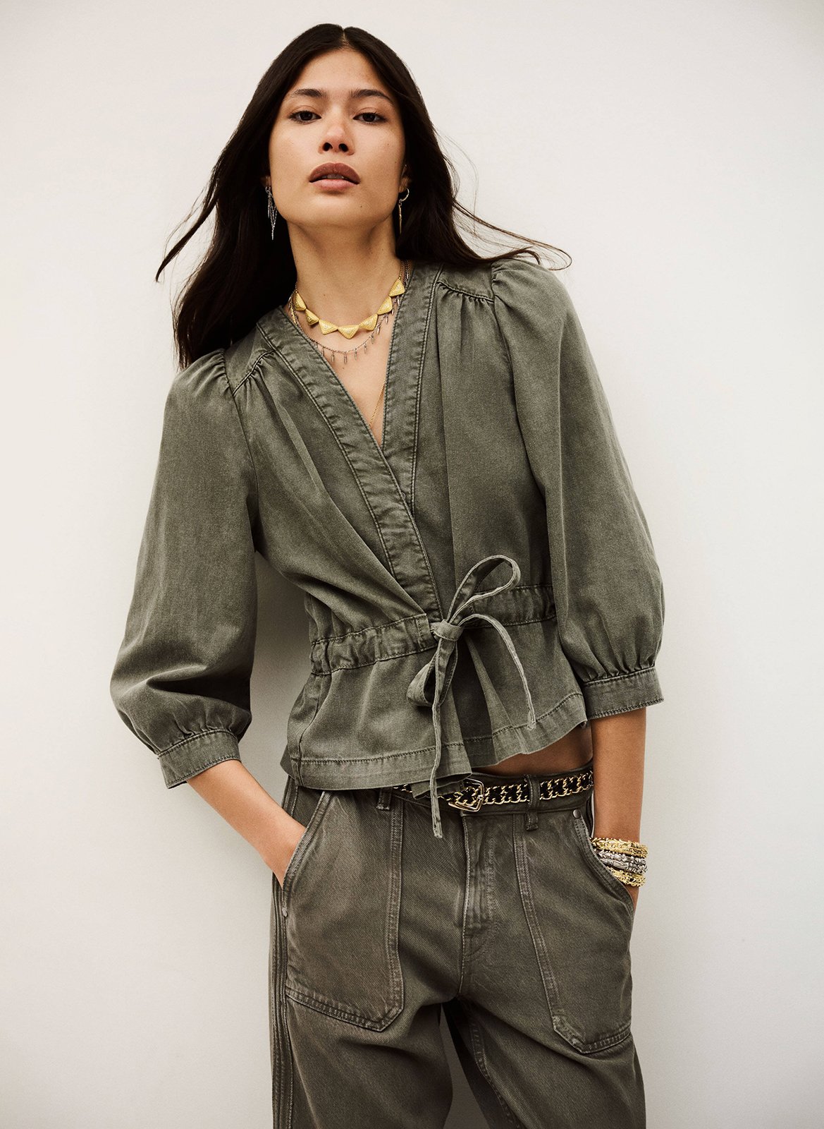 BA&SH Top portefeuille en denim olavina Kaki