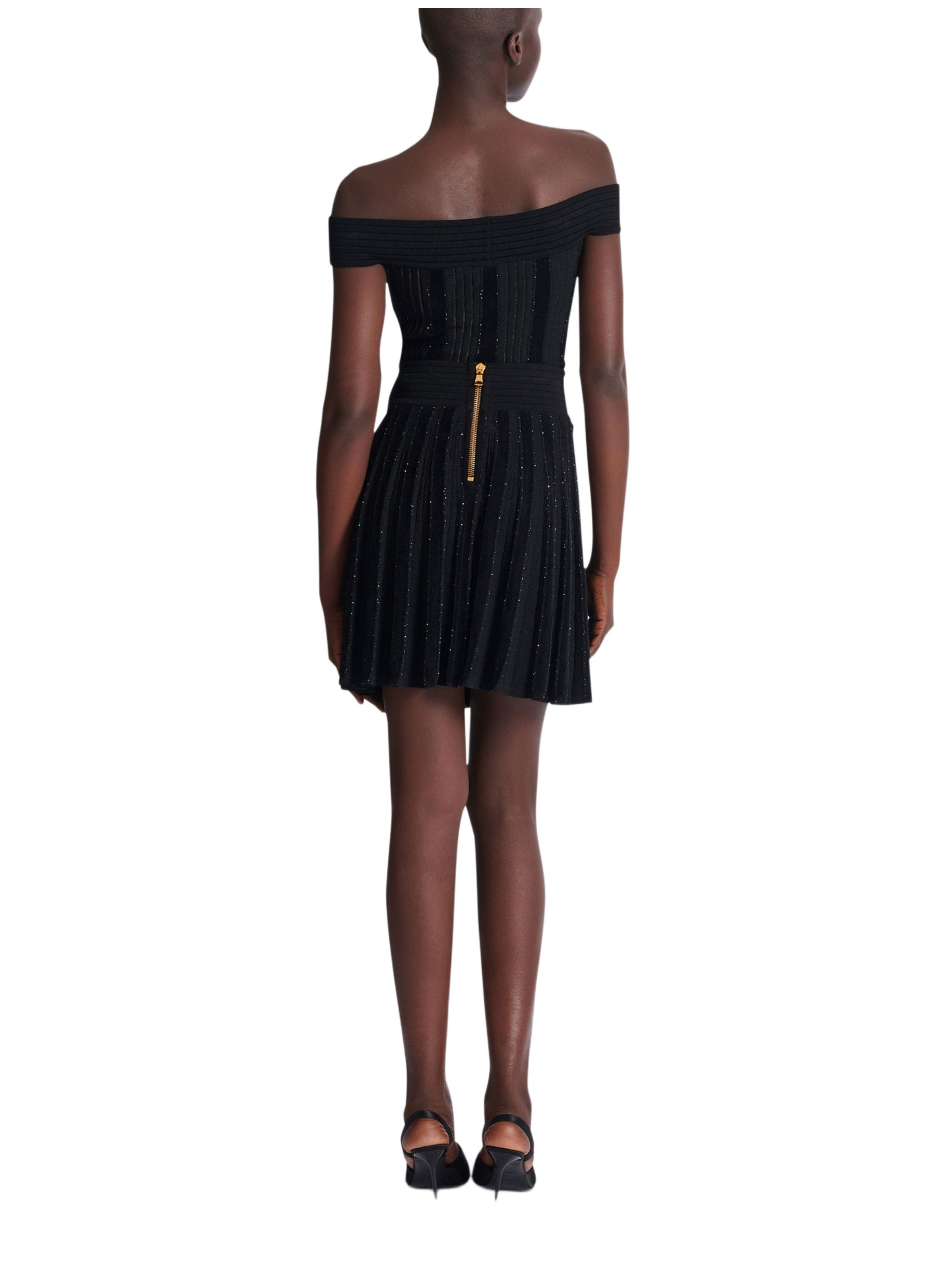 Jupe plissée en maille à paillettes BALMAIN Noir