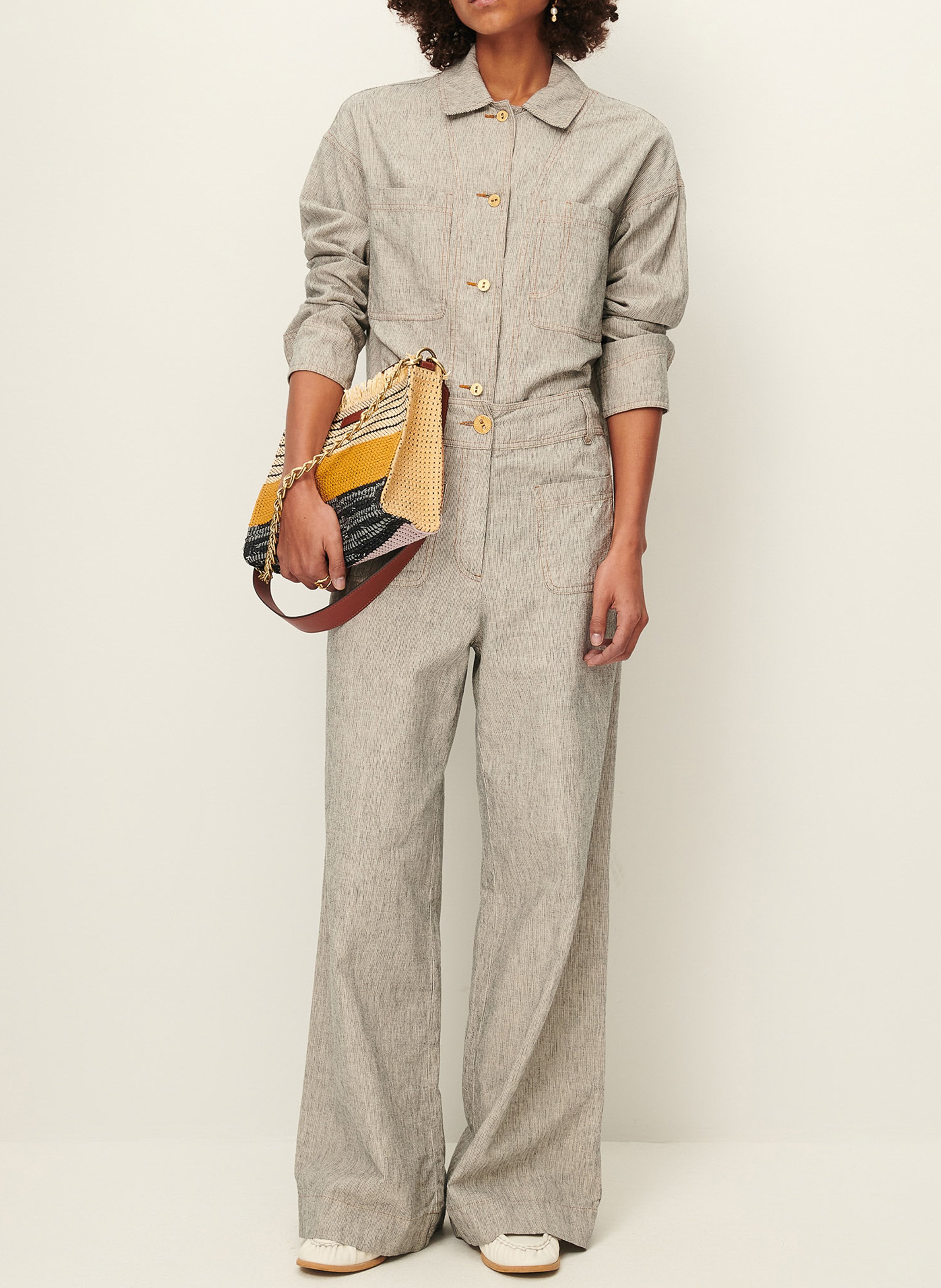 Pantalon large taille haute en lin et coton mélangé manhatti SESSUN Gris