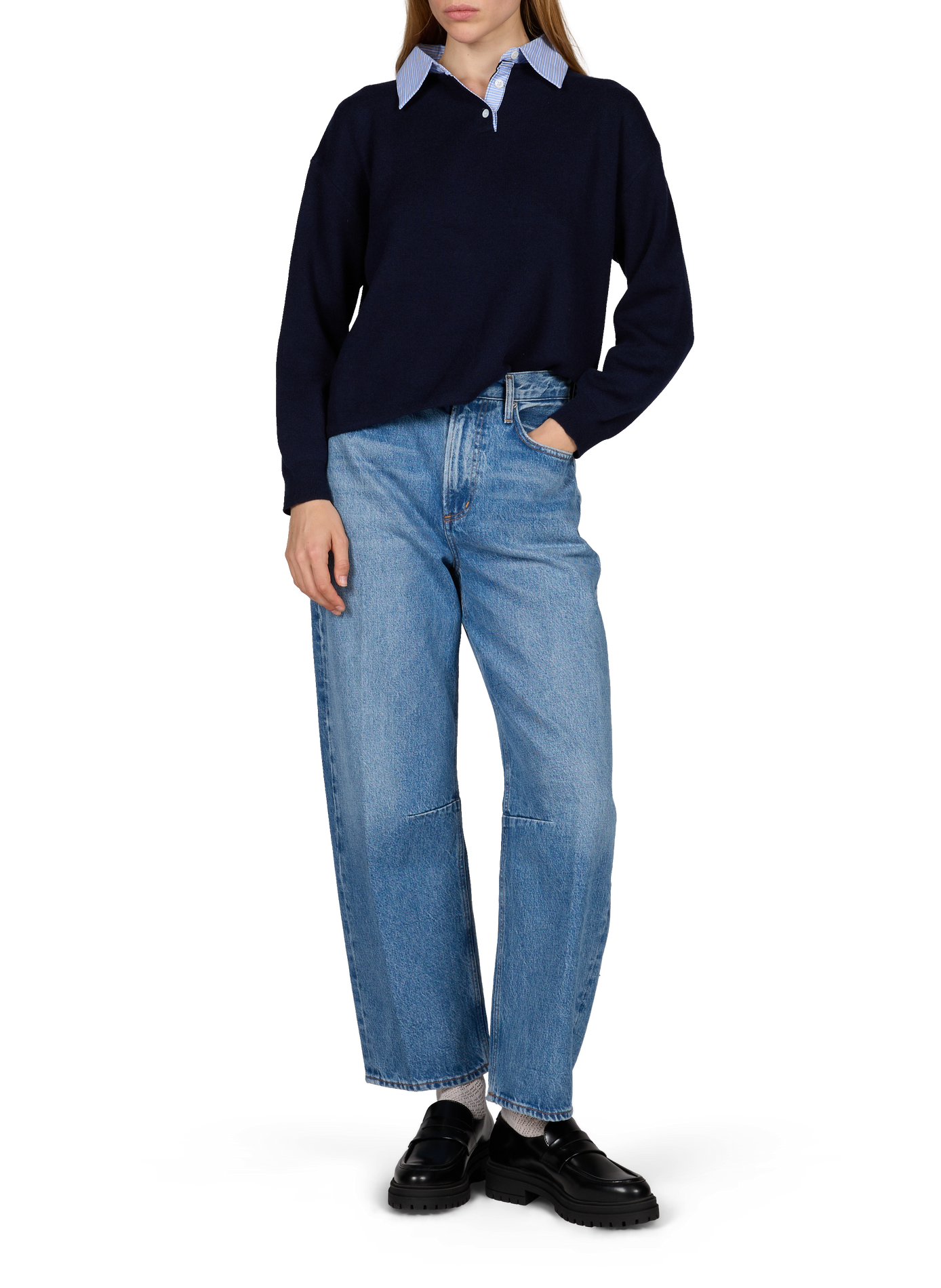 Pull droit uni à col chemise rayé SUNCOO Bleu