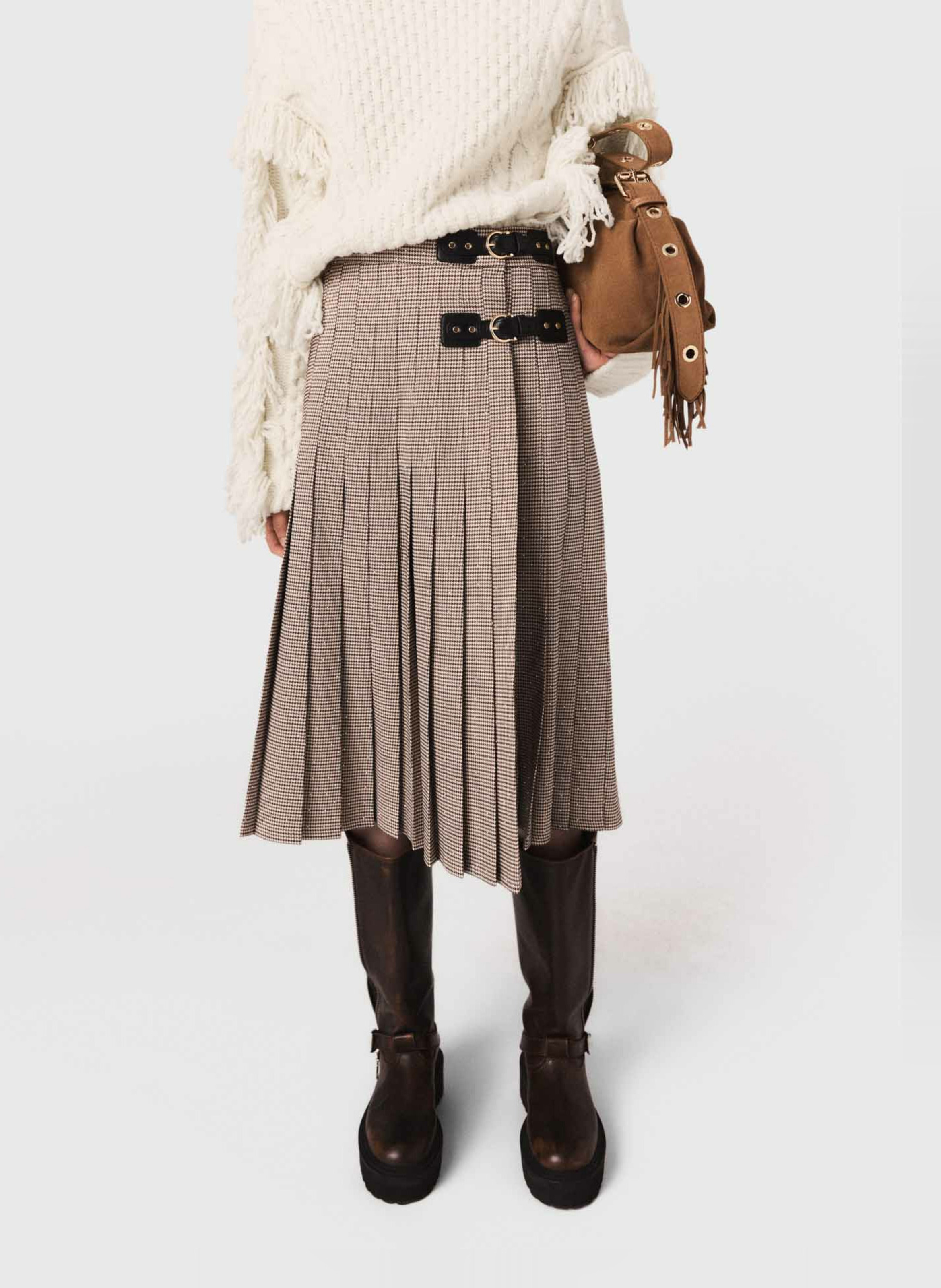 Jupe midi évasée plissée MAJE Marron