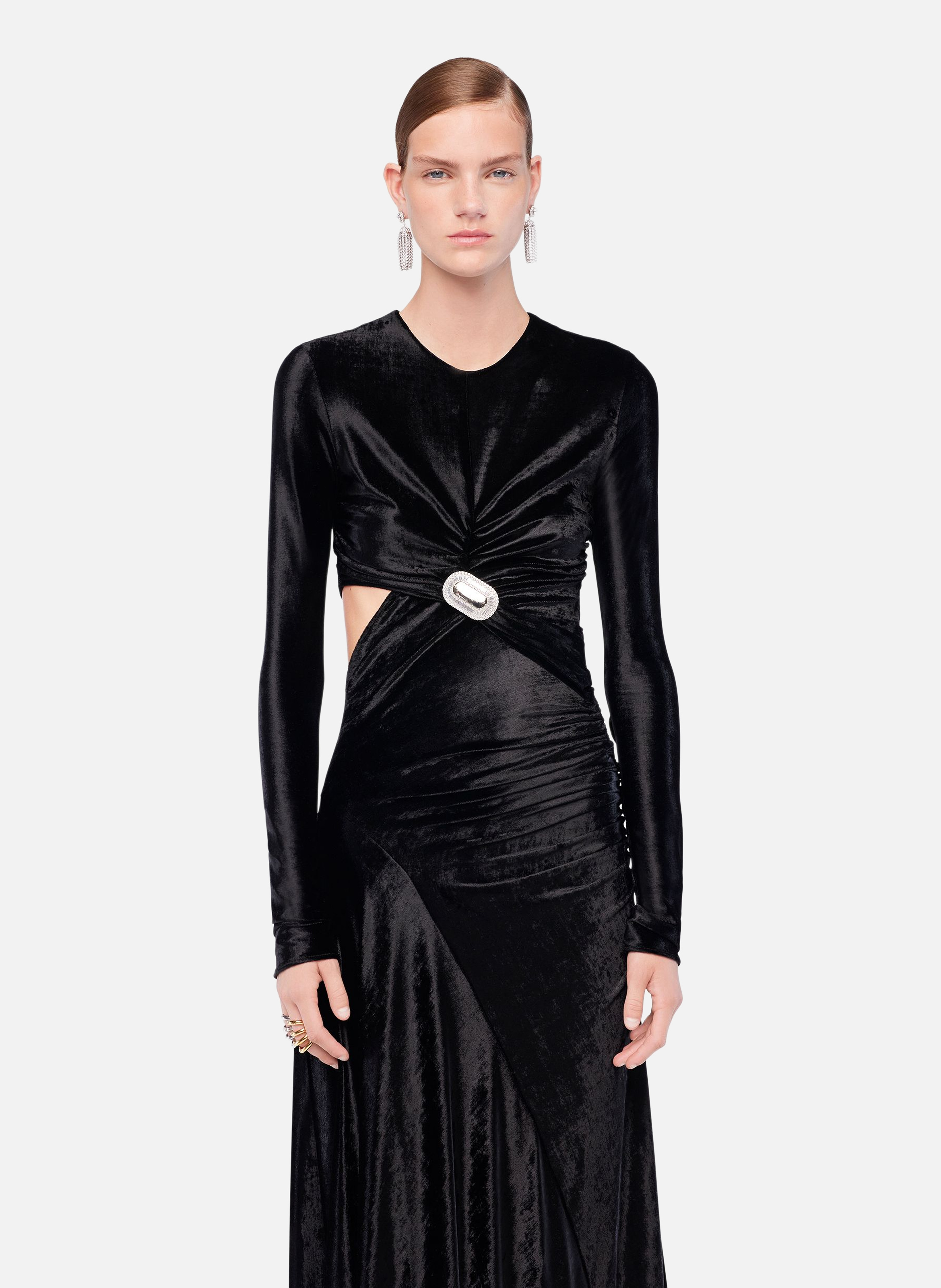 Robe longue drapée en velours RABANNE Noir