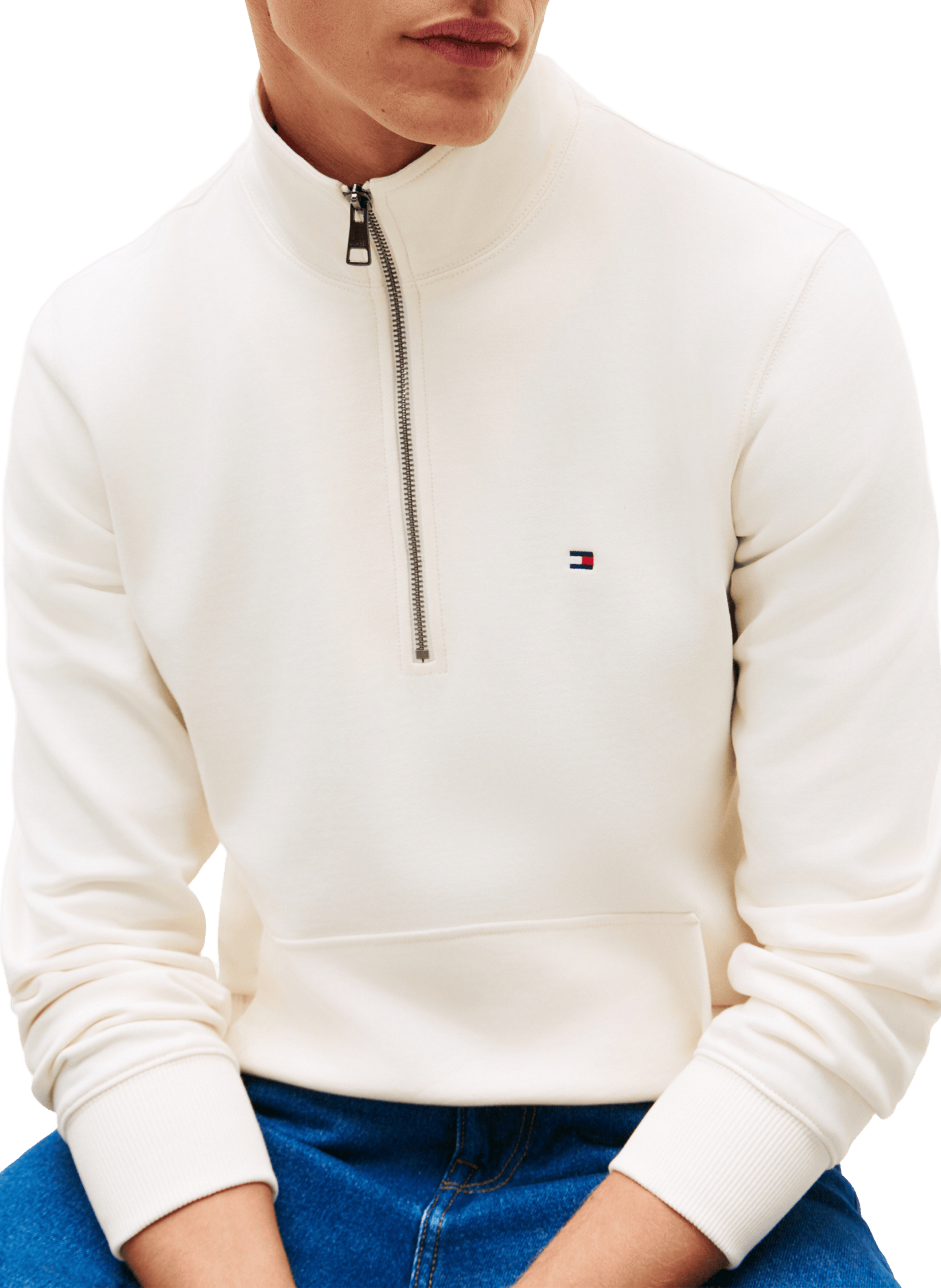 Straight fit high-neck zip-up cotton sweater TOMMY HILFIGER Beige