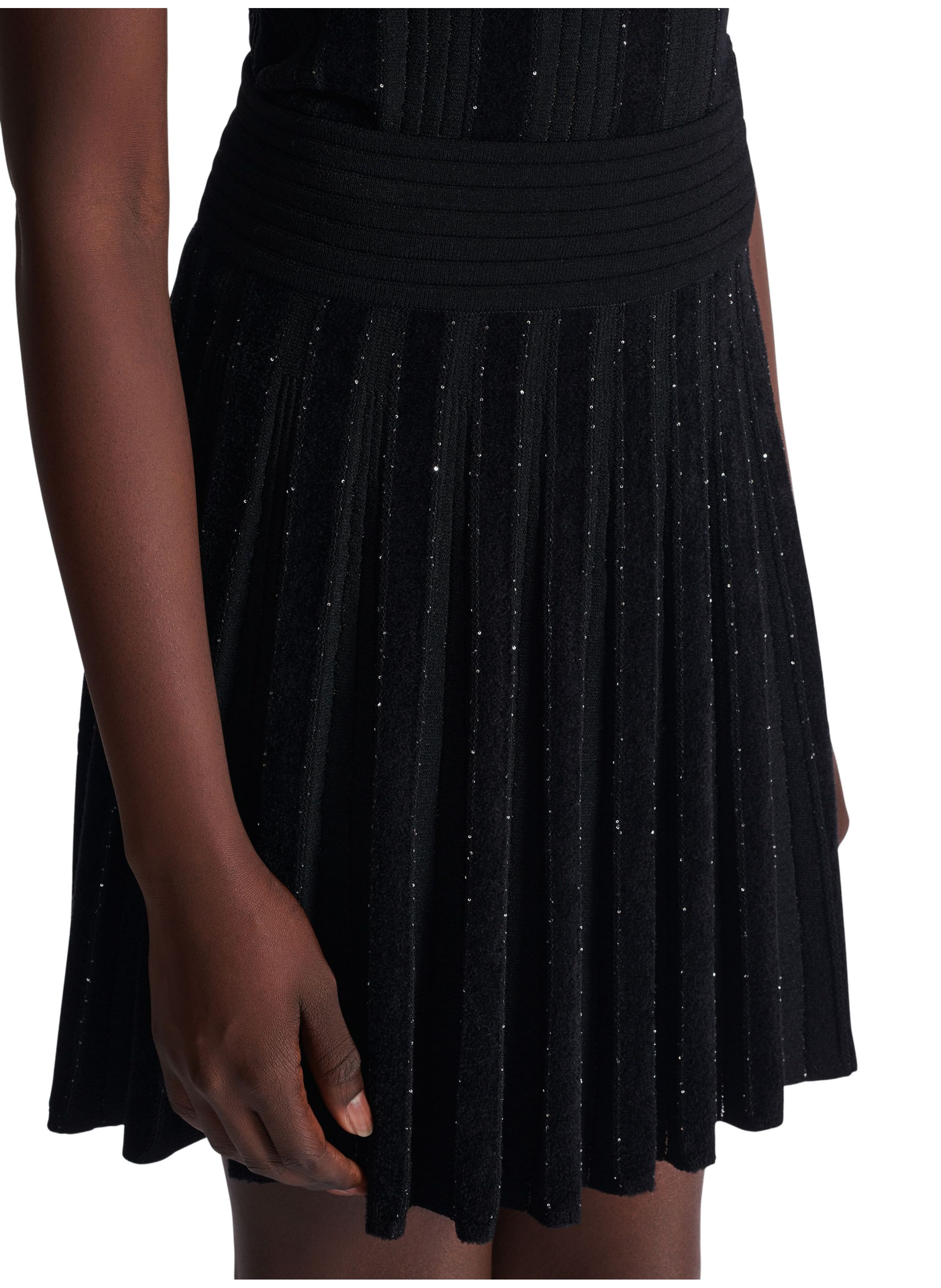 Jupe plissée en maille à paillettes BALMAIN Noir