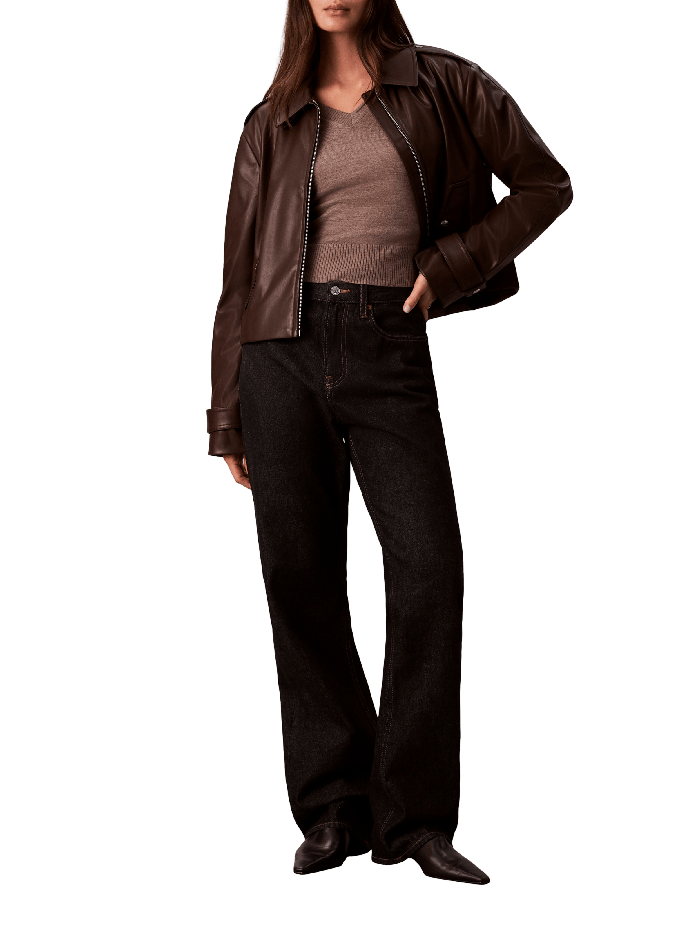 Cropped faux leather jacket  CALVIN KLEIN Brown