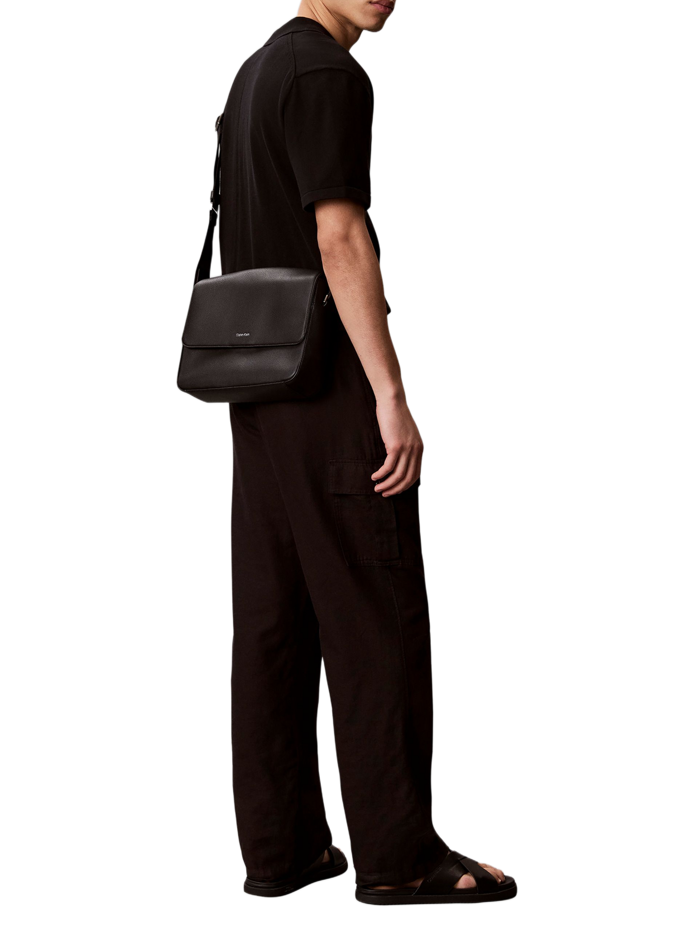 Textured shoulder bag with silver logo CALVIN KLEIN Black