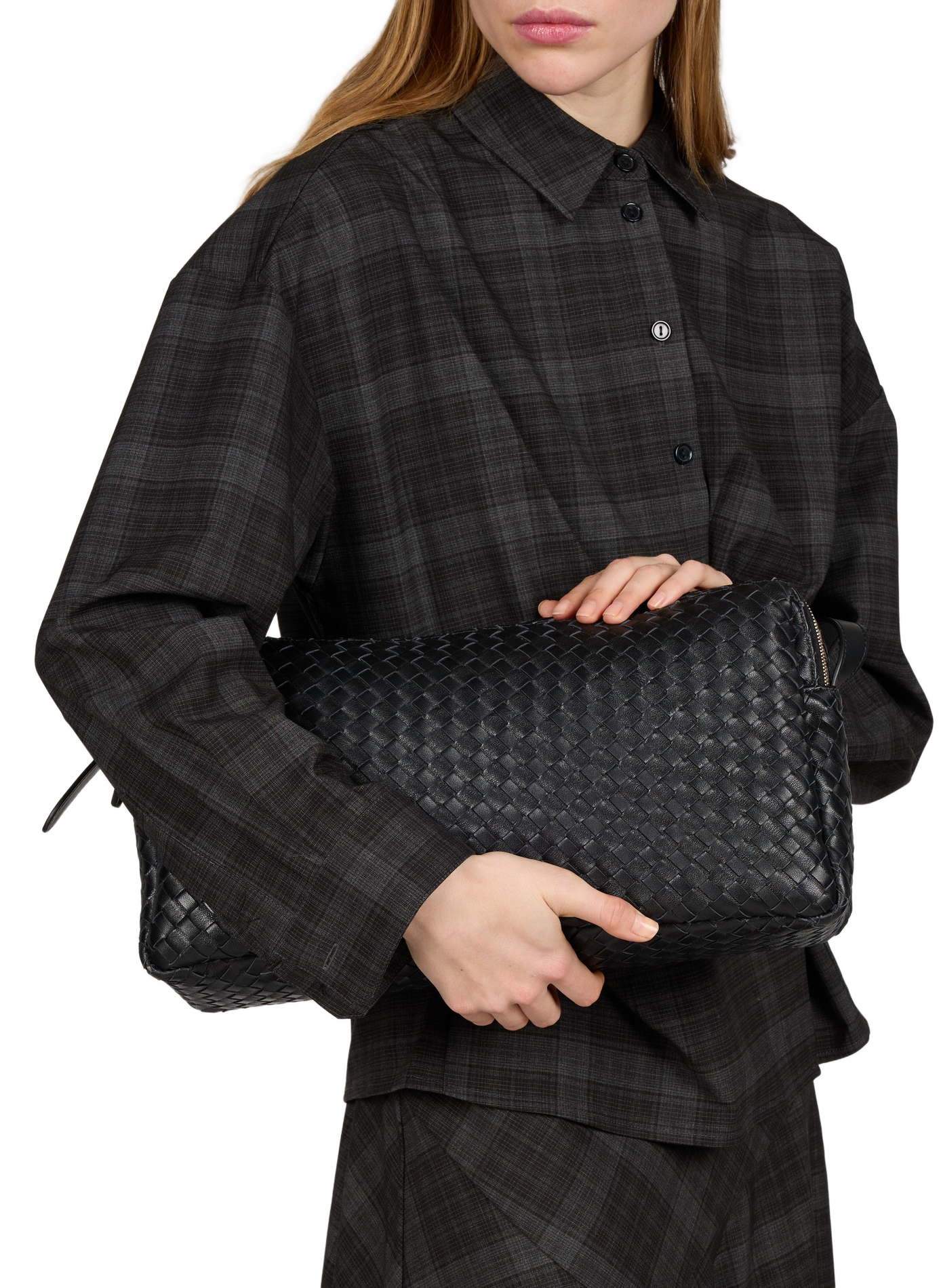 Large Woven Pouch Bag in Woven Lambskin Leather ELLEME Black