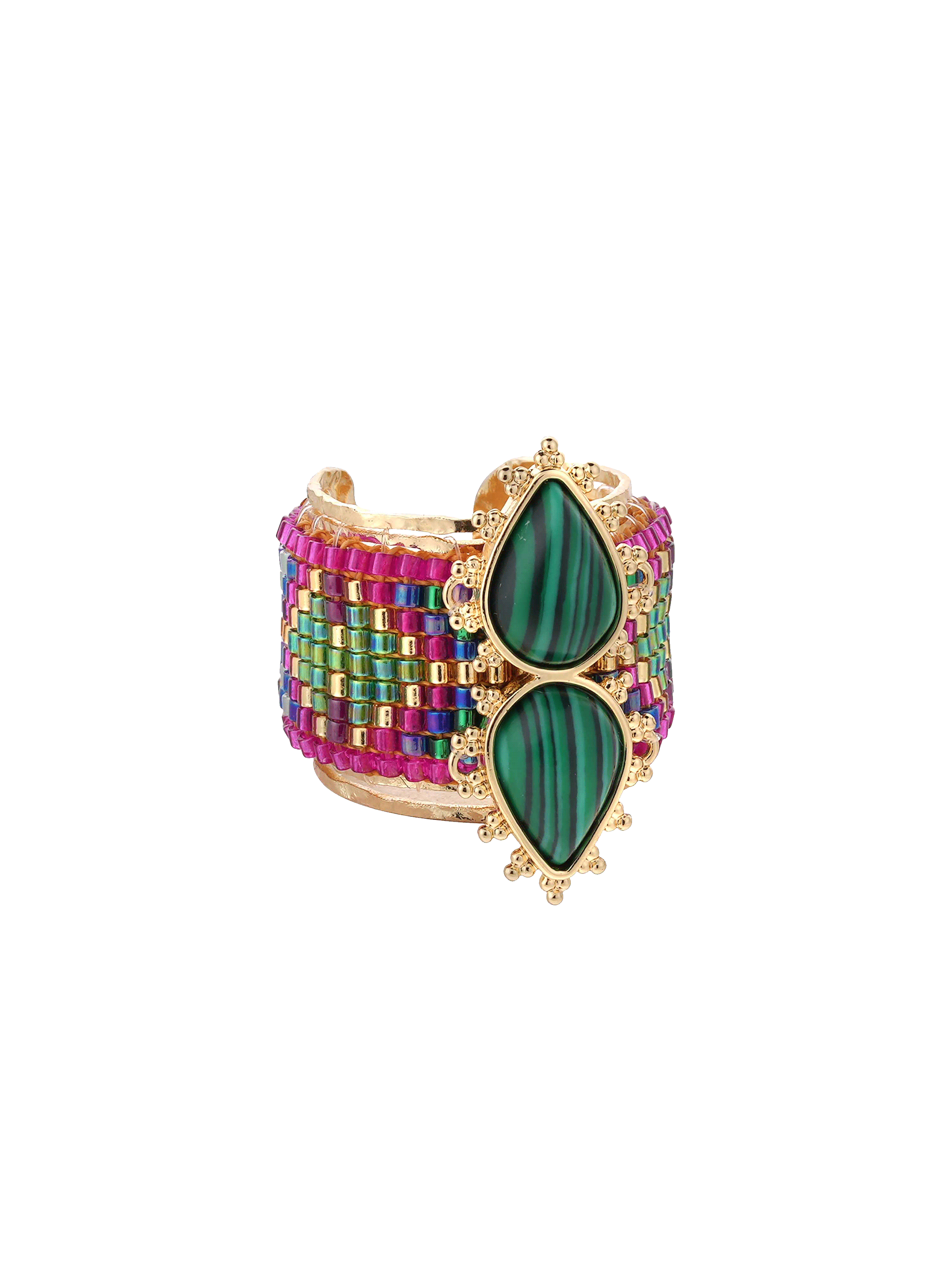 Bague réglable avec cabochon central et perles tissées viva HIPANEMA Vert